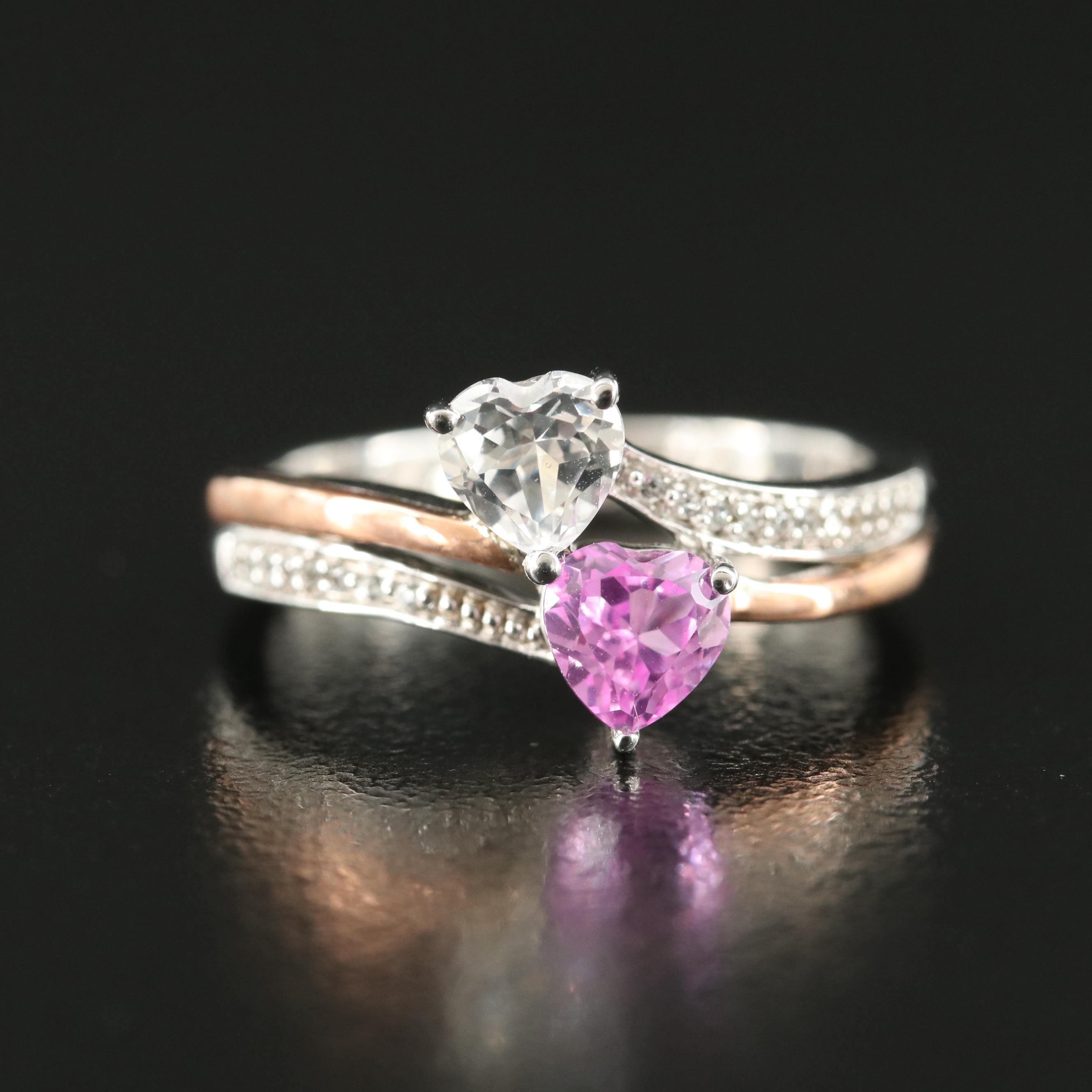 Sterling Pink and White Sapphire Toi-et-Moi Heart Ring with 10K Rose Gold Accent