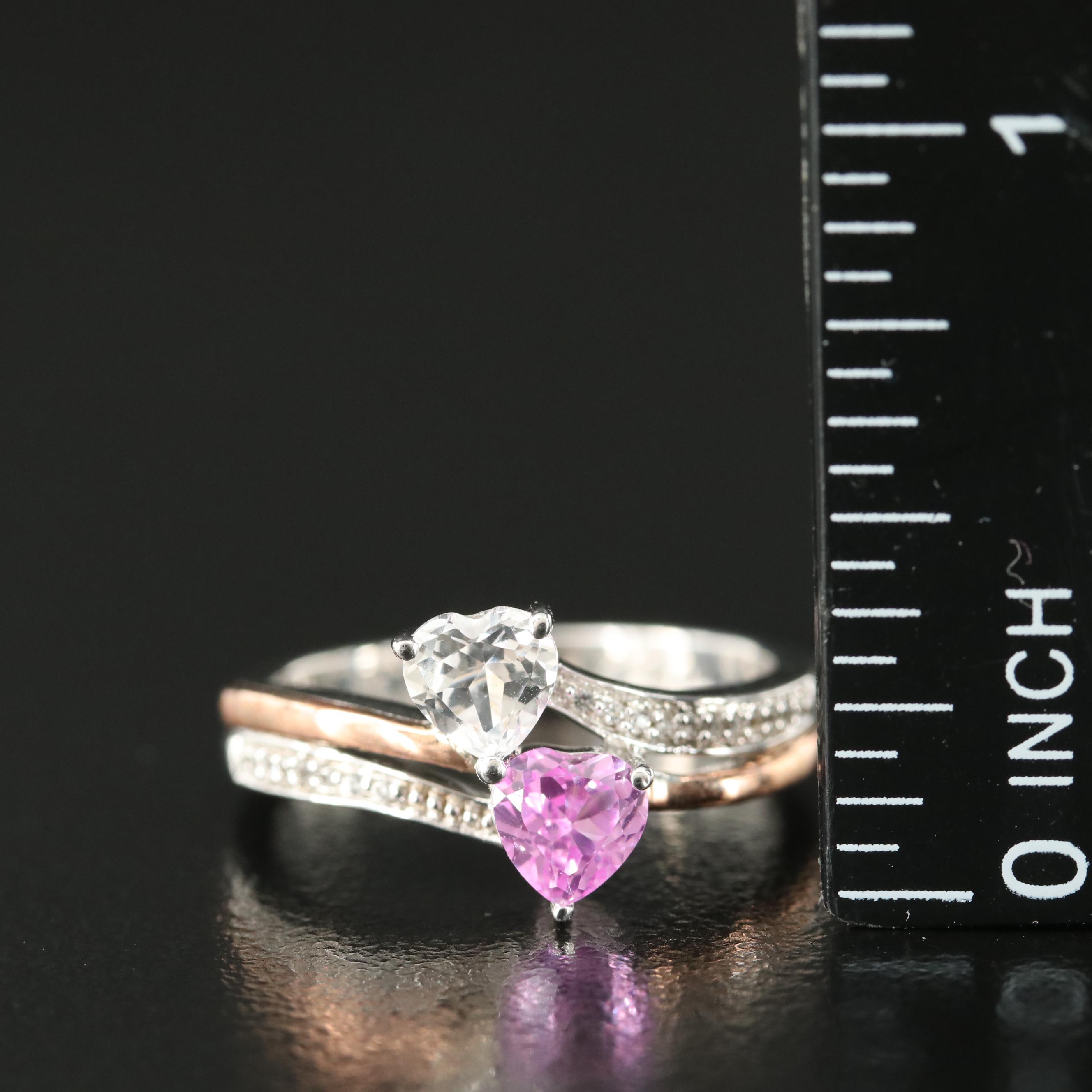 Sterling Pink and White Sapphire Toi-et-Moi Heart Ring with 10K Rose Gold Accent