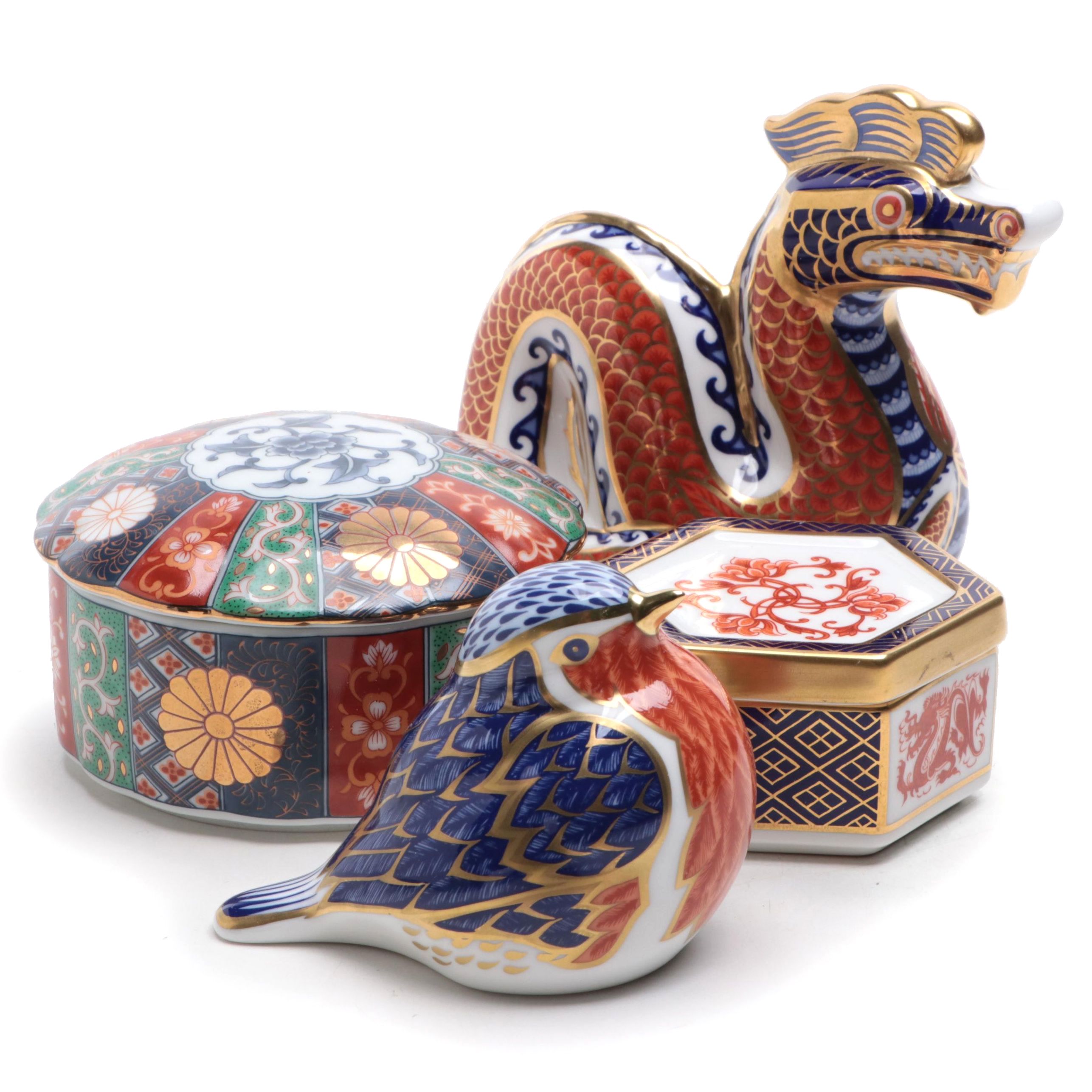 Royal Crown Derby Imari Style Boxes with Bird and Other Dragon Figurine