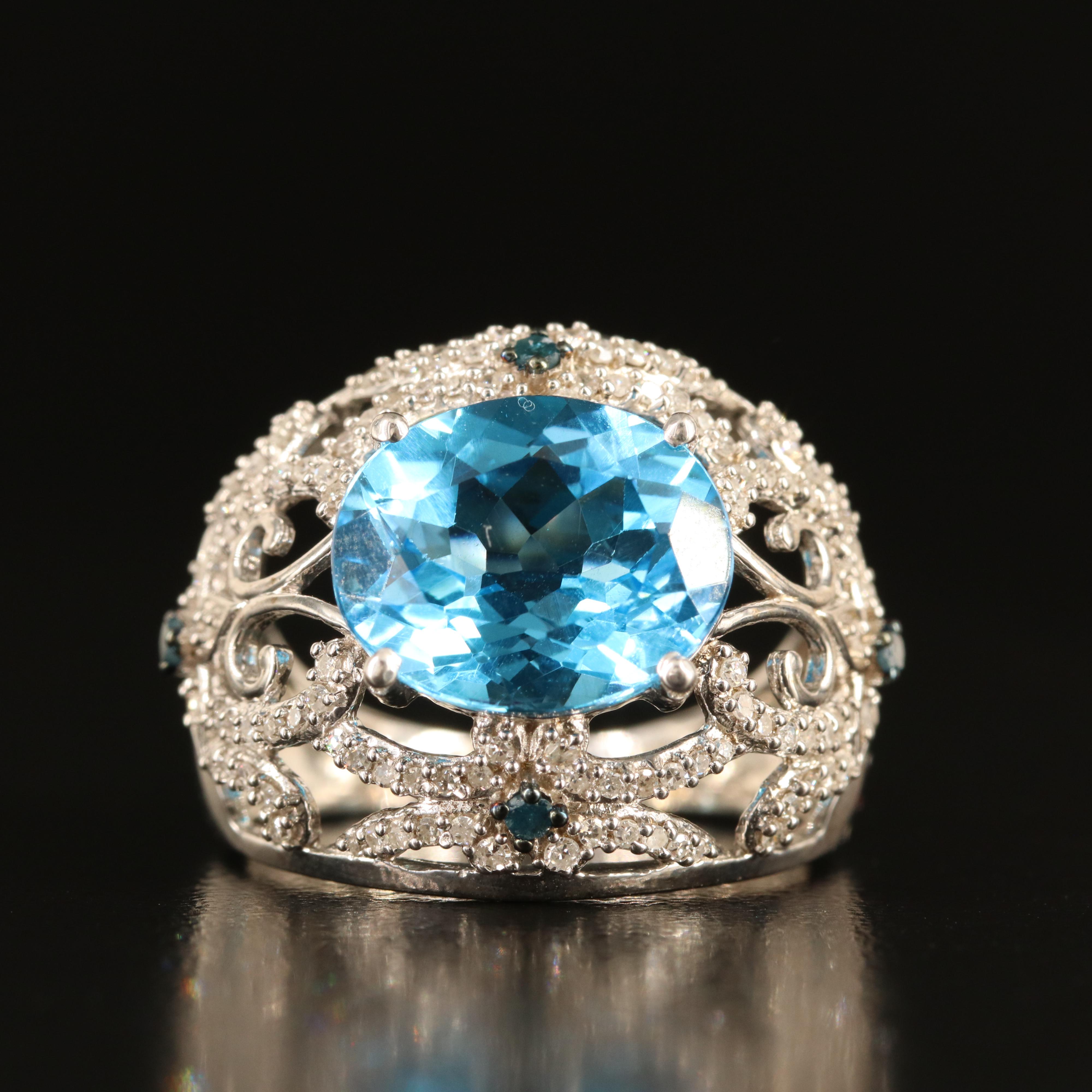 Sterling Swiss Blue Topaz and Diamond Ring