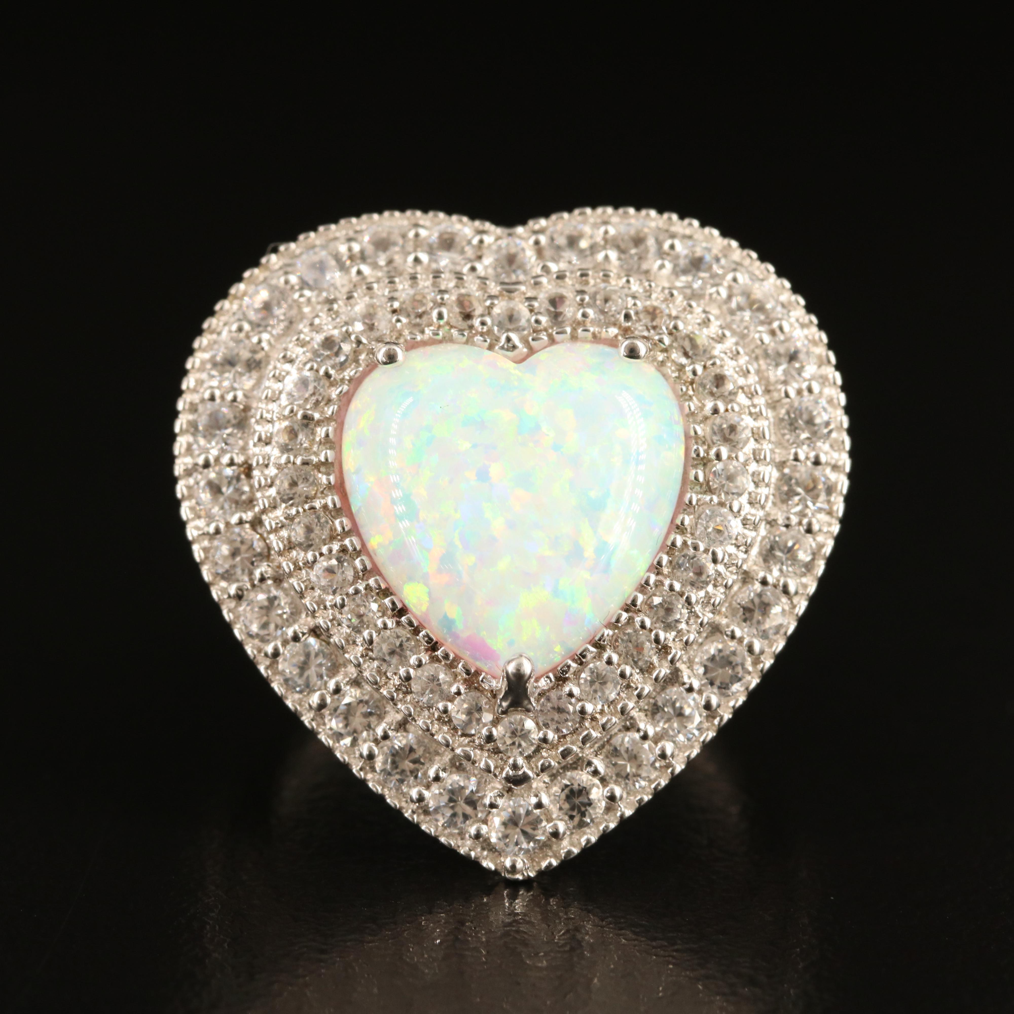 Sterling Opal and White Sapphire Heart Ring