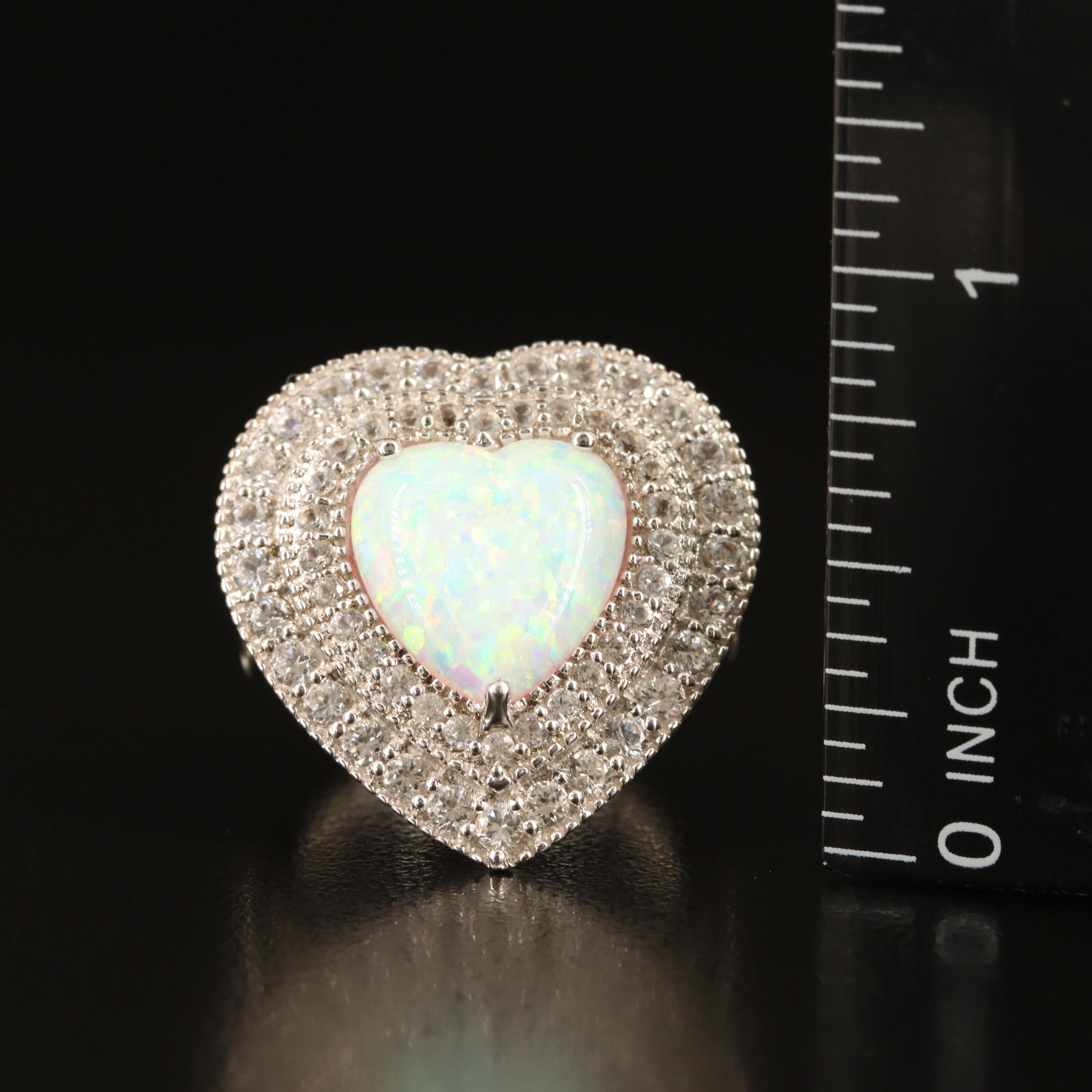 Sterling Opal and White Sapphire Heart Ring