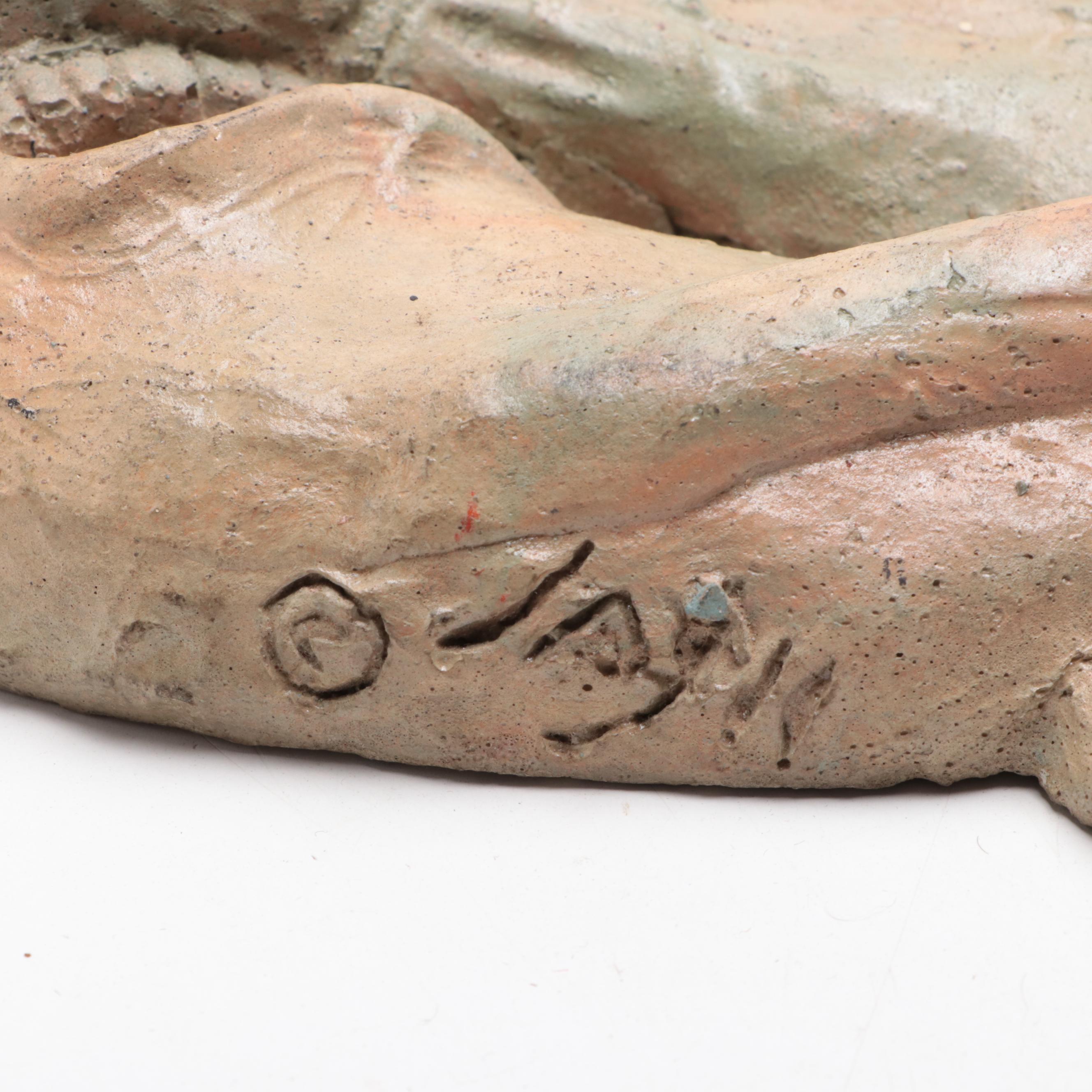 Artist Signed Earthenware Sun and Moon Wall Plaque with Enesco Electronic Figure