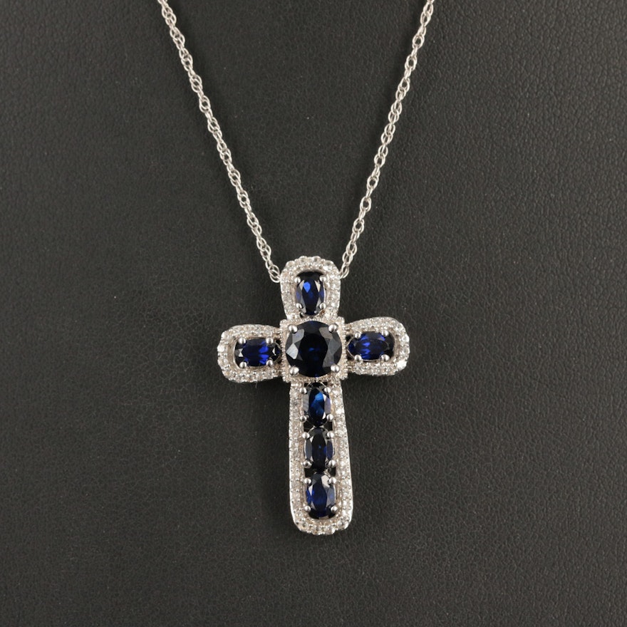 Sterling Sapphire Cross Pendant Necklace
