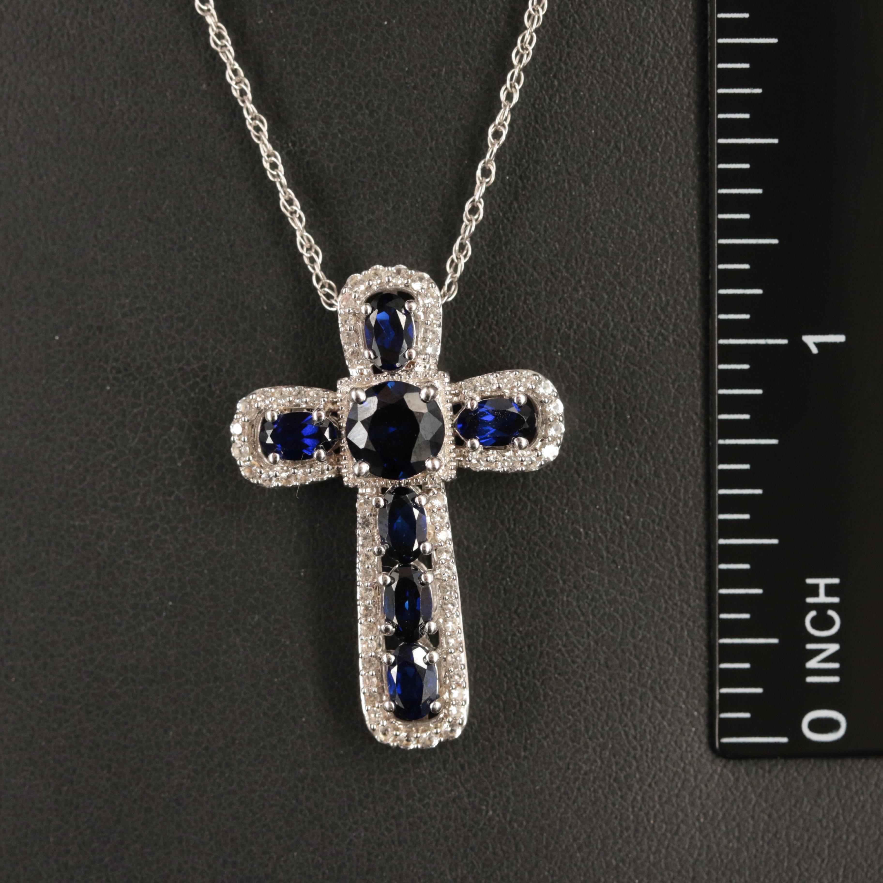 Sterling Sapphire Cross Pendant Necklace