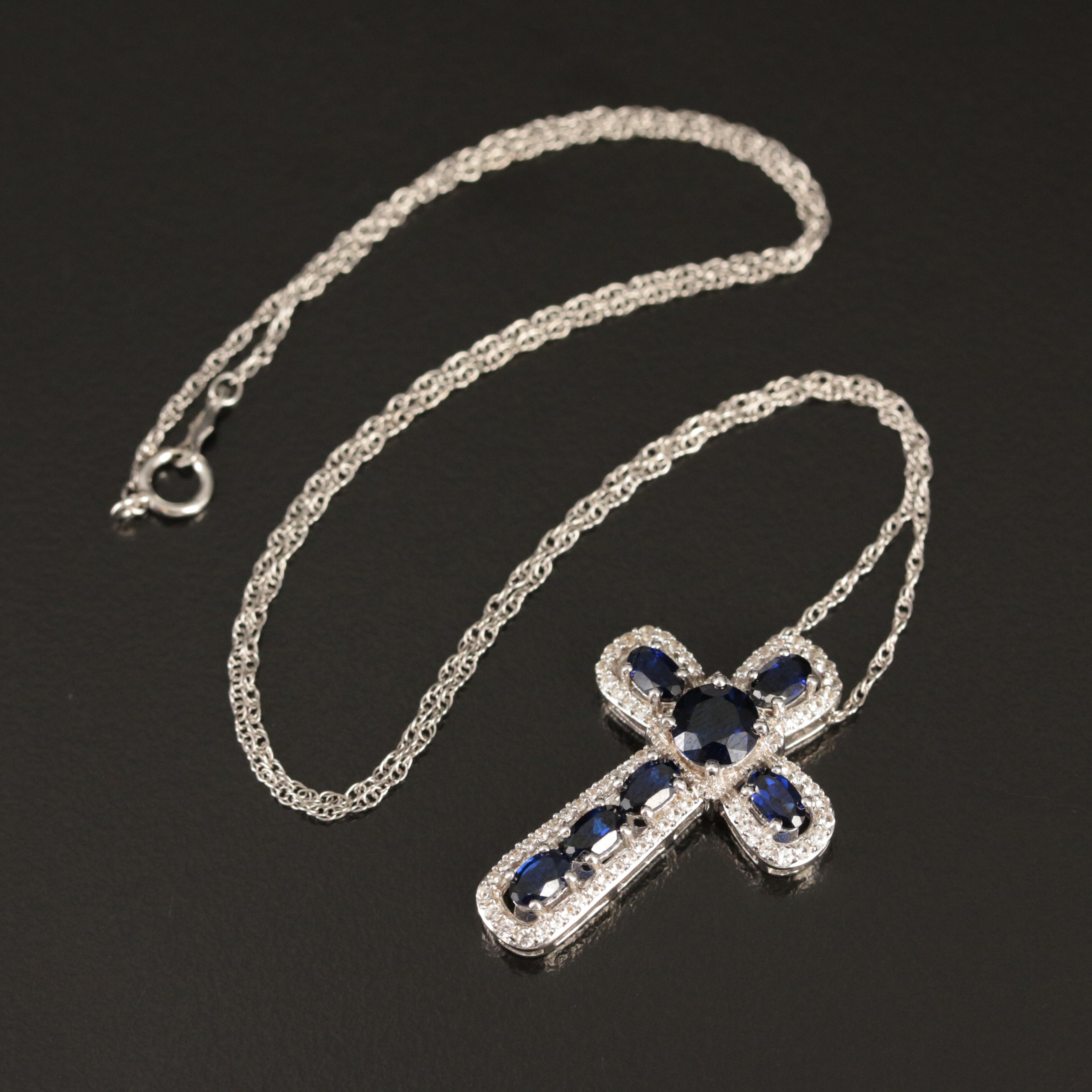 Sterling Sapphire Cross Pendant Necklace