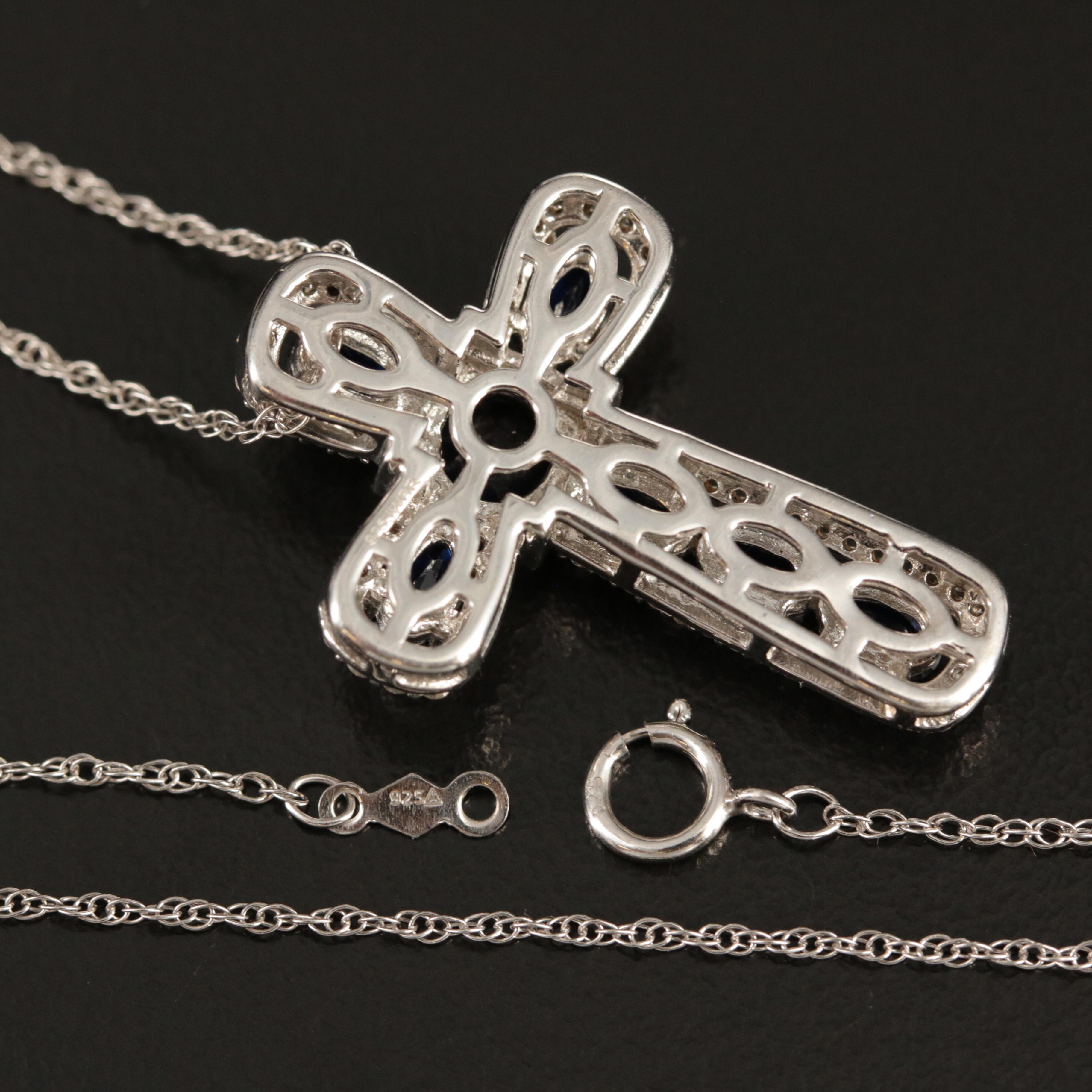 Sterling Sapphire Cross Pendant Necklace