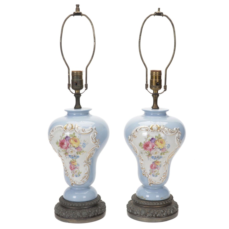 French Provincial Porcelain and Spelter Table Lamps, Early to Mid-20th Century