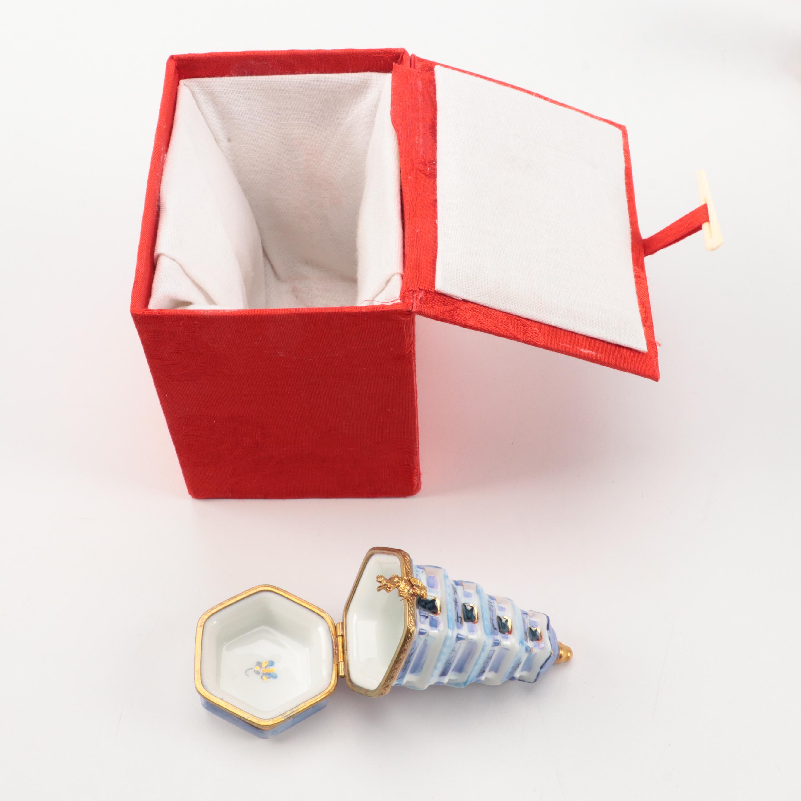 Limoges Pagoda, Monkey and Giraffe Porcelain Trinket Boxes