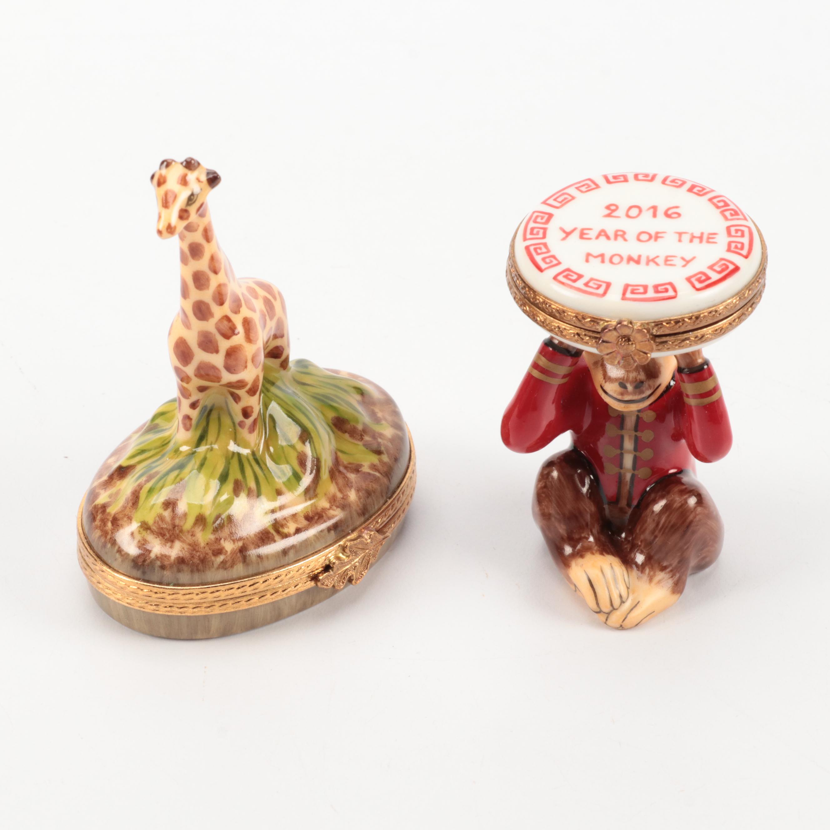 Limoges Pagoda, Monkey and Giraffe Porcelain Trinket Boxes