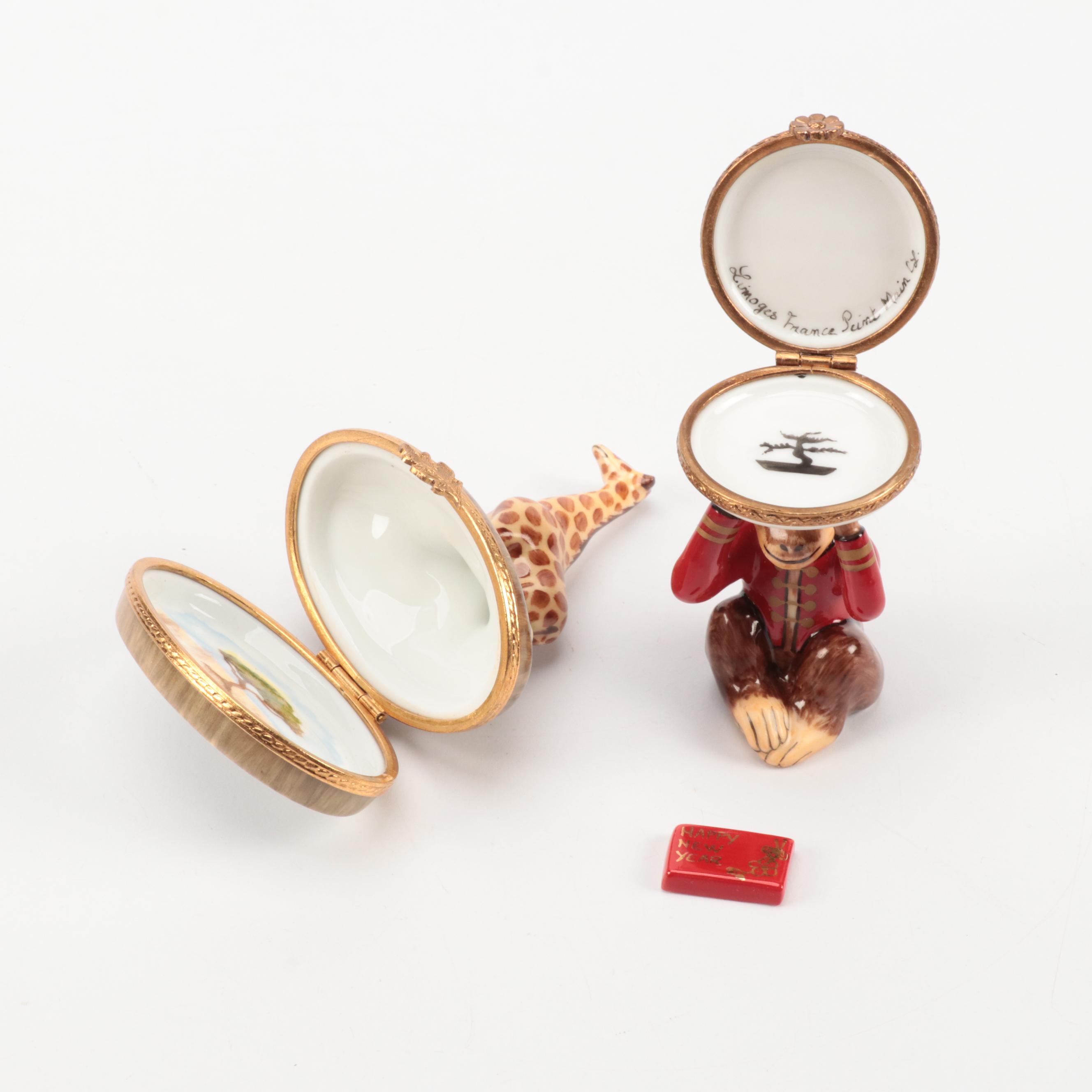 Limoges Pagoda, Monkey and Giraffe Porcelain Trinket Boxes