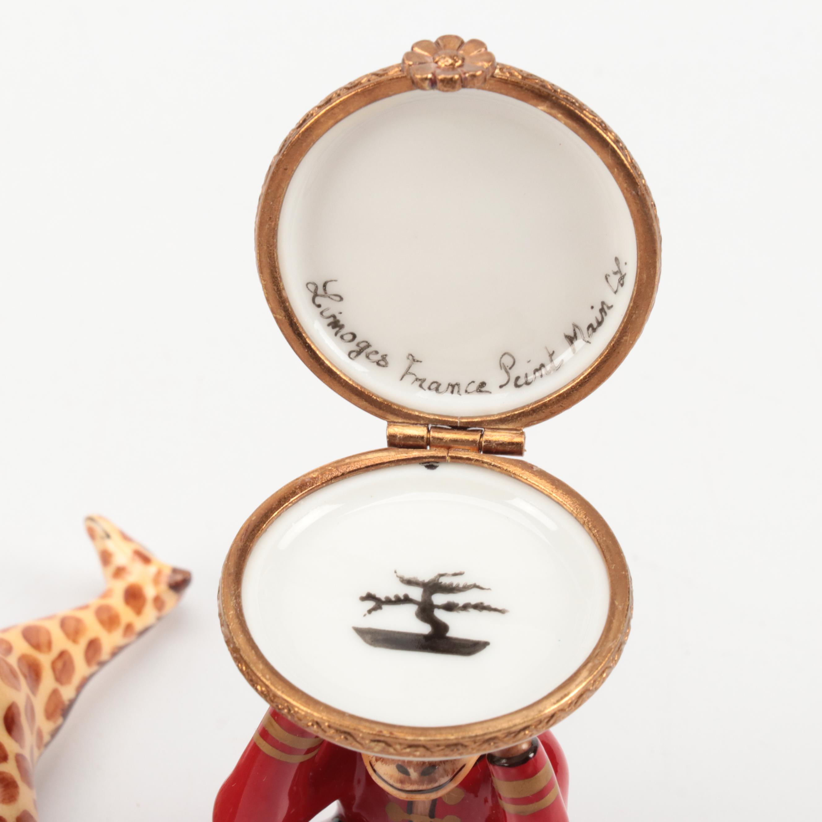 Limoges Pagoda, Monkey and Giraffe Porcelain Trinket Boxes