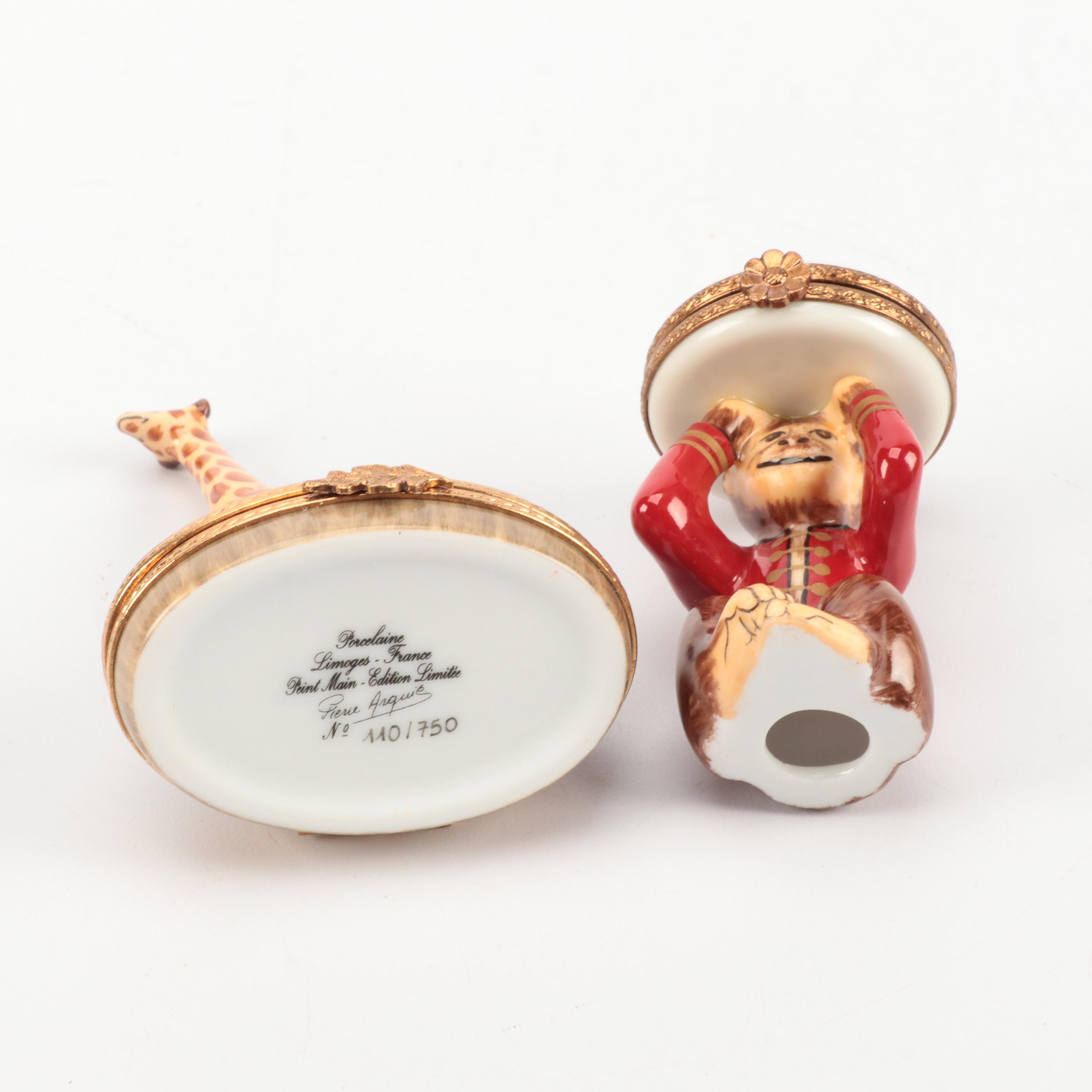 Limoges Pagoda, Monkey and Giraffe Porcelain Trinket Boxes
