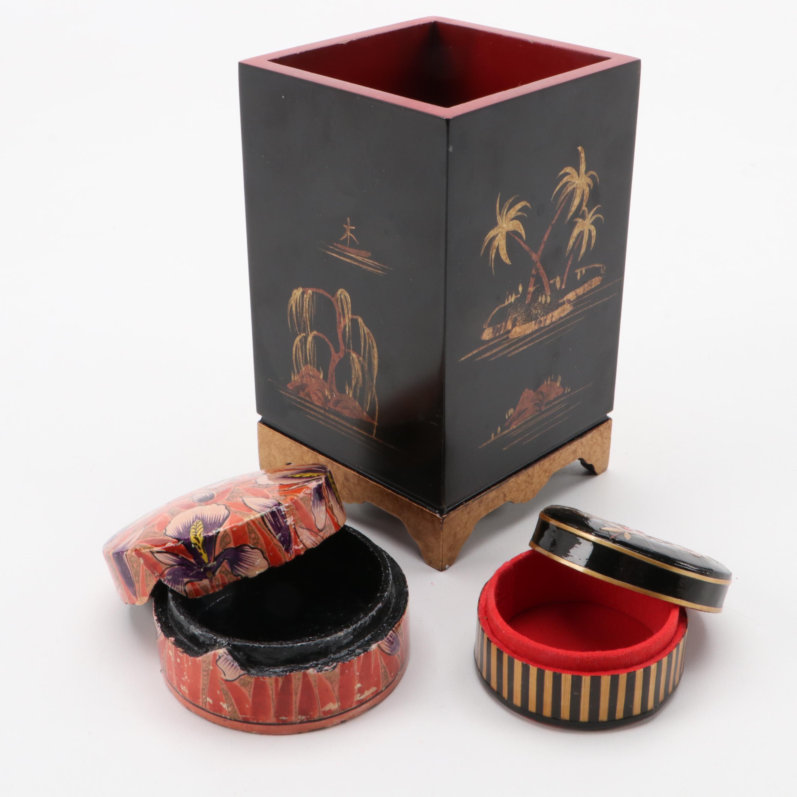 Japanese and Other Papier-Mâché,  Lacquerware Trinket Boxes and More
