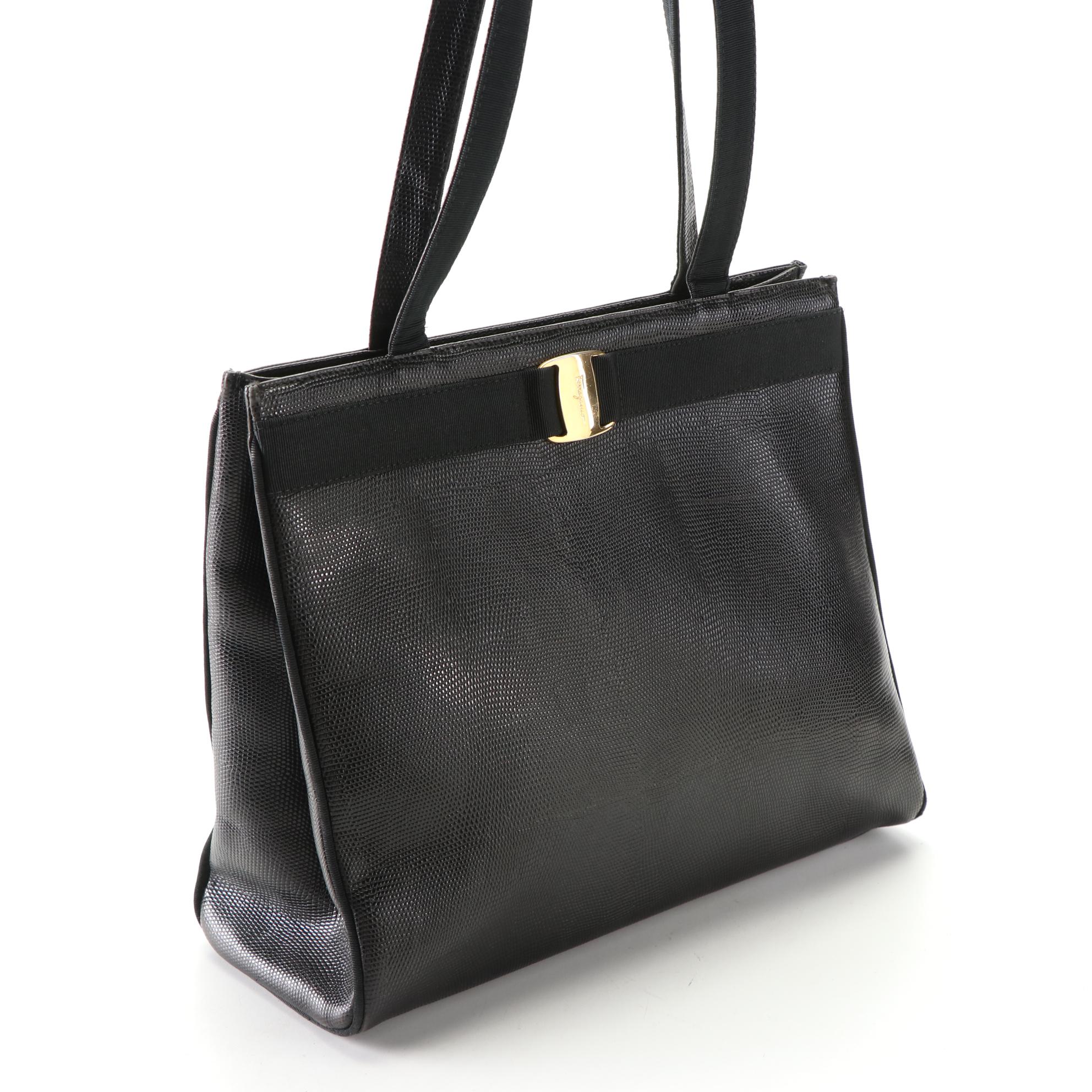 Salvatore Ferragamo Vara Bow Shopper Tote Bag in Lizard Embossed Black Leather