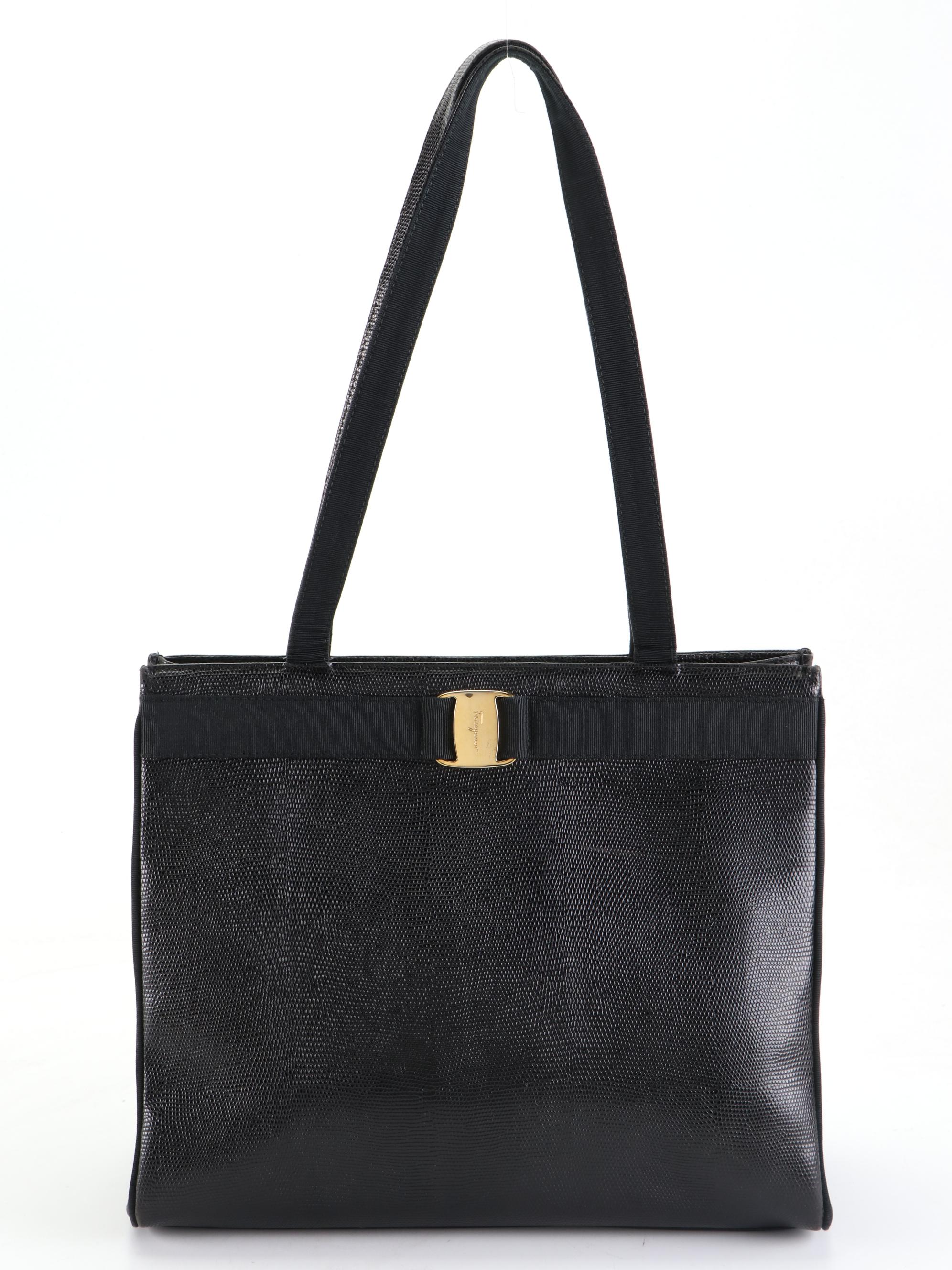 Salvatore Ferragamo Vara Bow Shopper Tote Bag in Lizard Embossed Black Leather