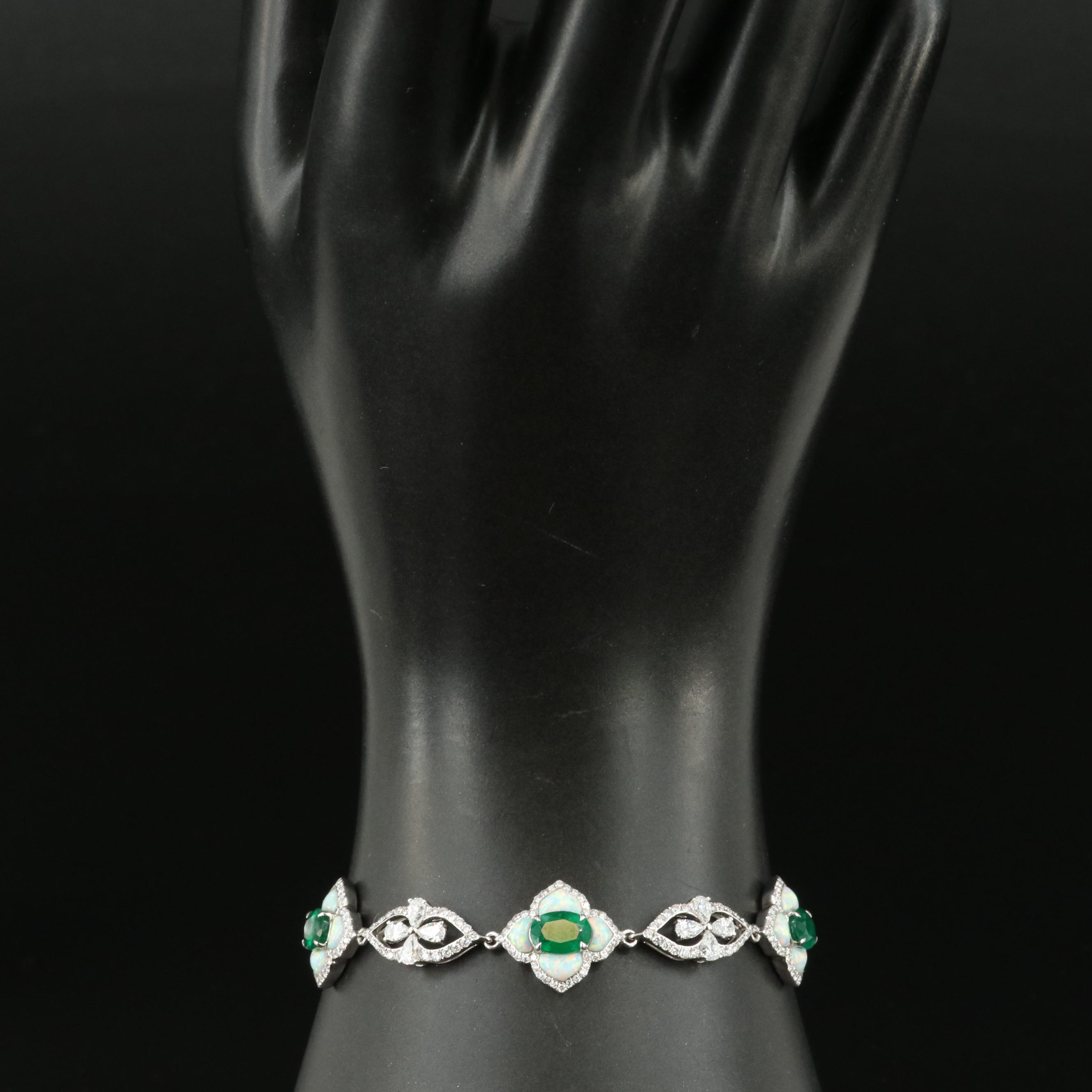 Vintage 18K Emerald, 3.12 CTW Diamond and Opal Quatrefoil Station Bracelet