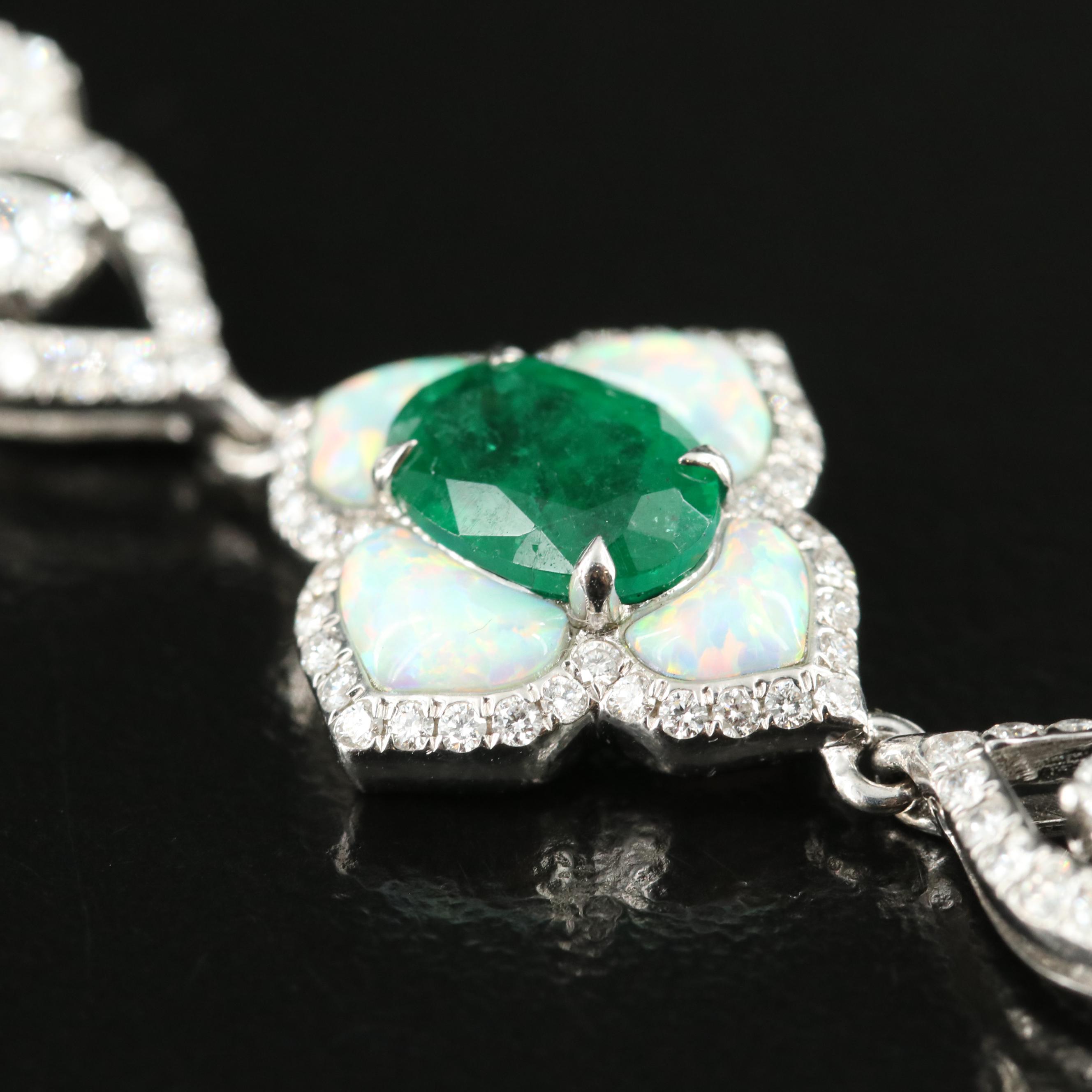 Vintage 18K Emerald, 3.12 CTW Diamond and Opal Quatrefoil Station Bracelet