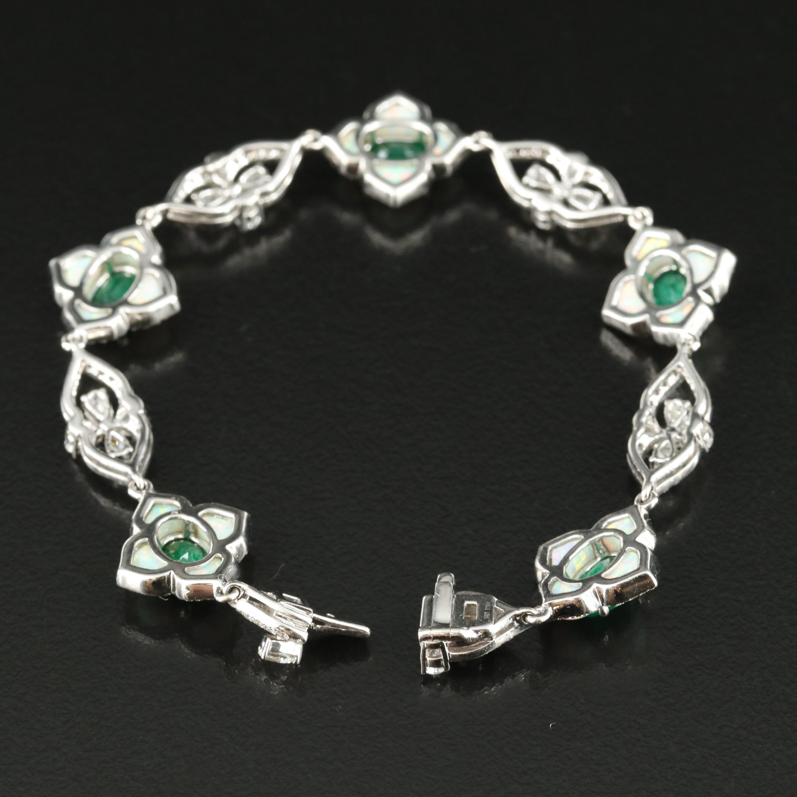 Vintage 18K Emerald, 3.12 CTW Diamond and Opal Quatrefoil Station Bracelet