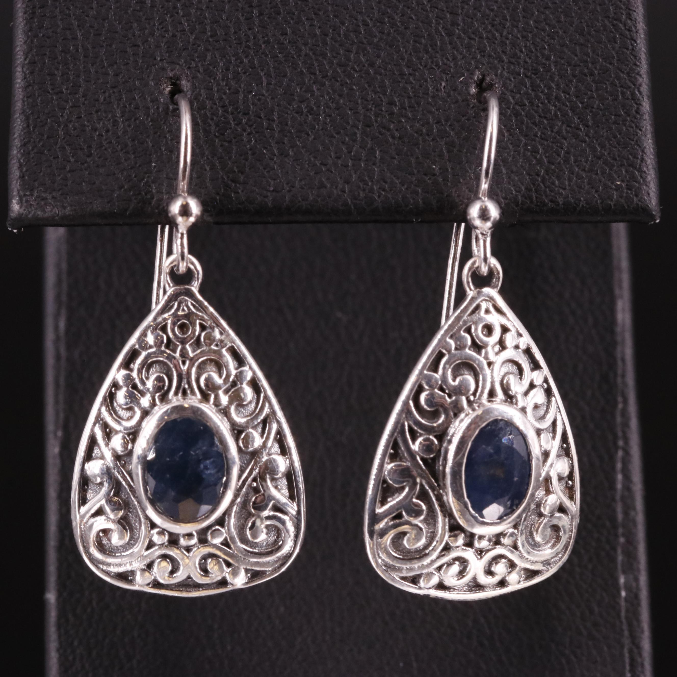 Bali Style Sterling and Sapphire Drop Earrings