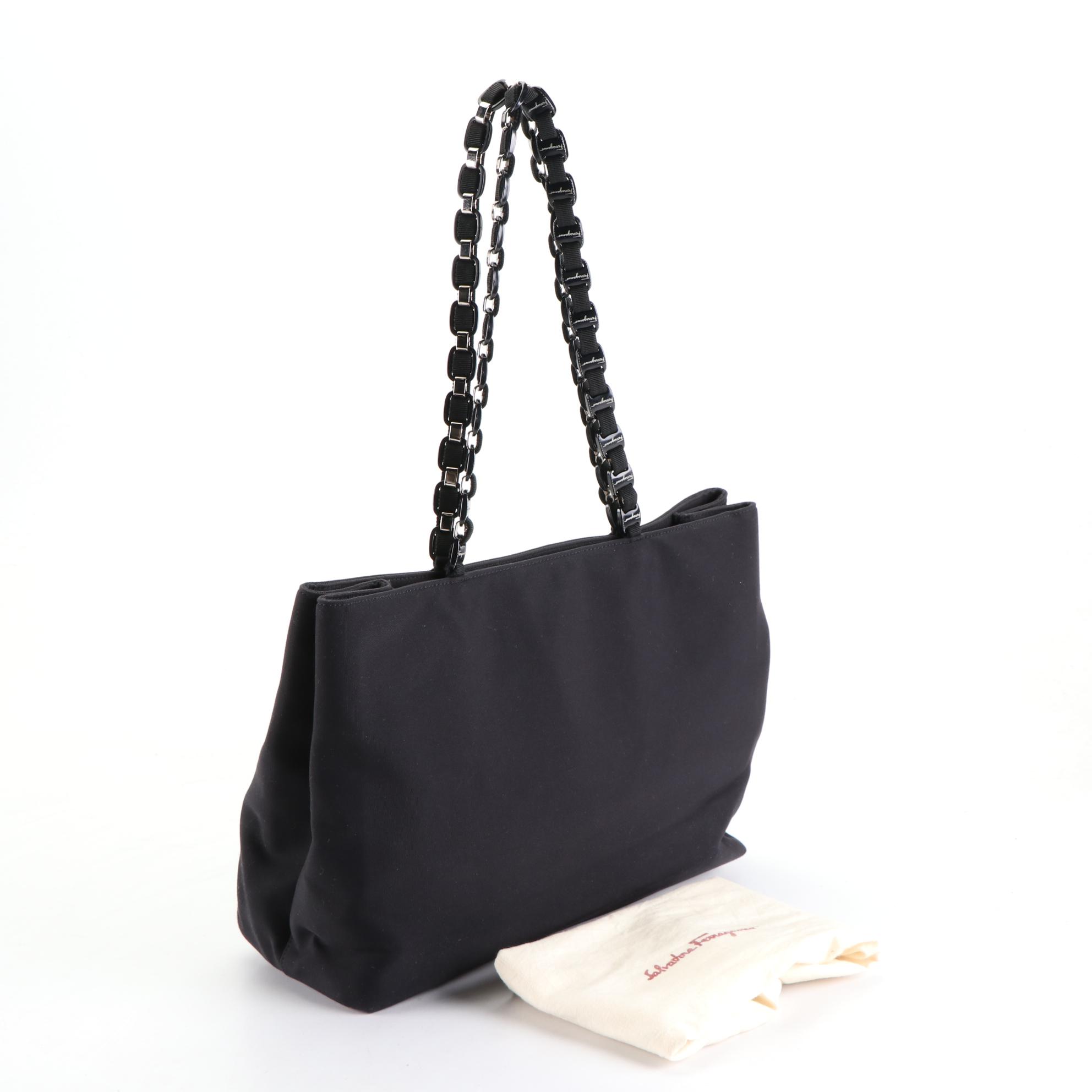 Salvatore Ferragamo Black Canvas Tote Bag with Vara Chain Straps