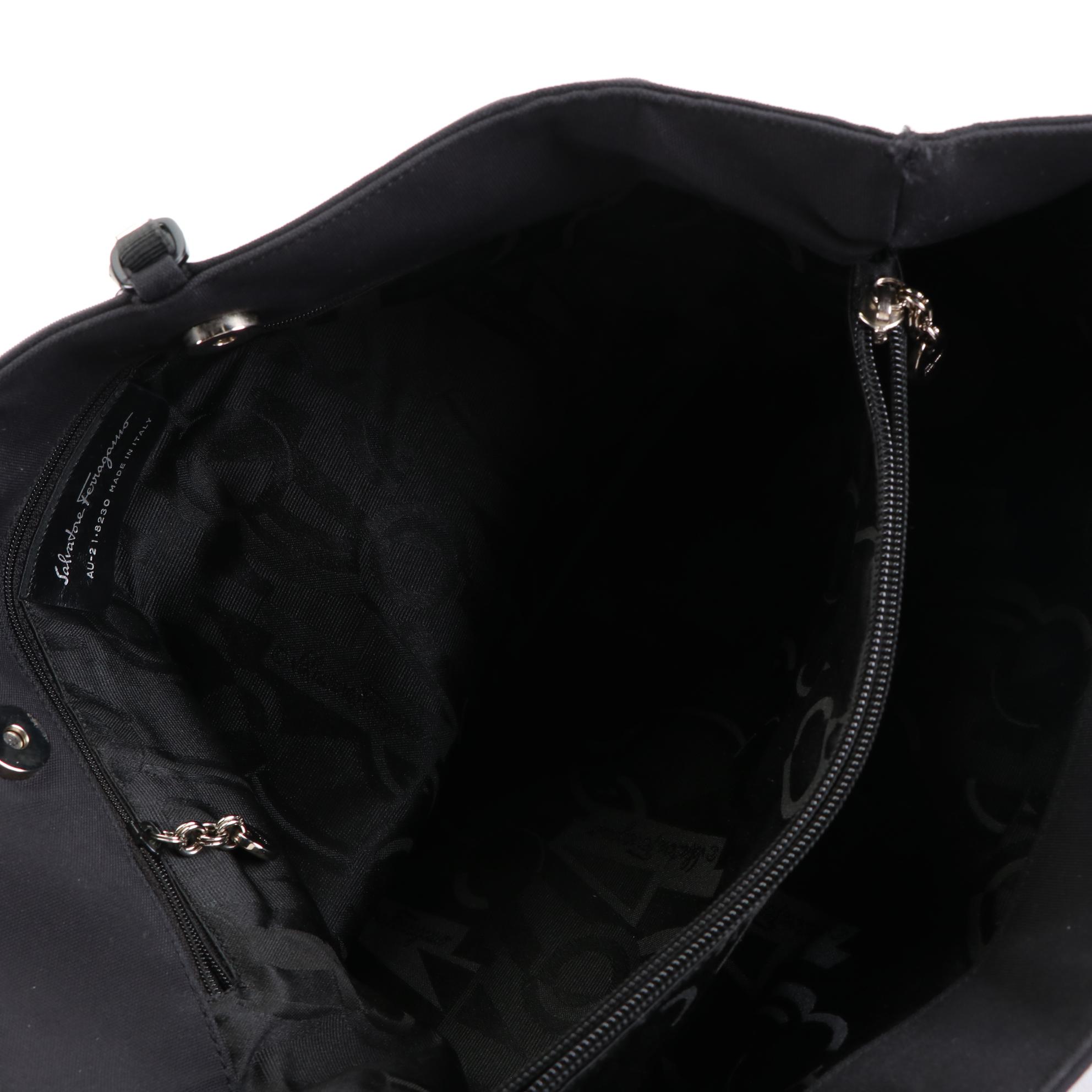 Salvatore Ferragamo Black Canvas Tote Bag with Vara Chain Straps