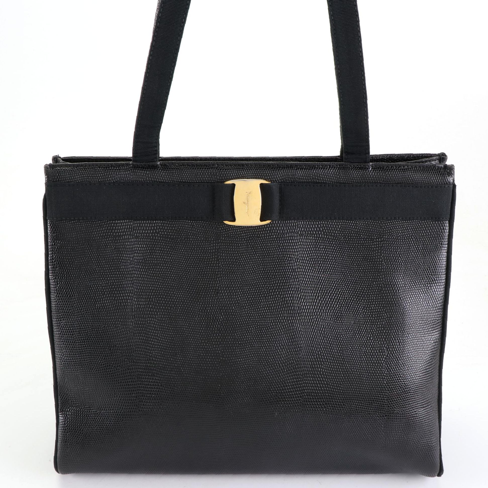 Salvatore Ferragamo Vara Bow Shopper Tote Bag in Lizard Embossed Black Leather