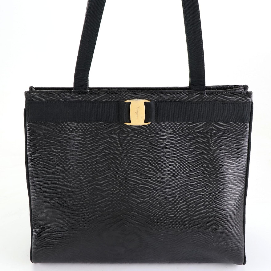 Salvatore Ferragamo Vara Bow Shopper Tote Bag in Lizard Embossed Black Leather