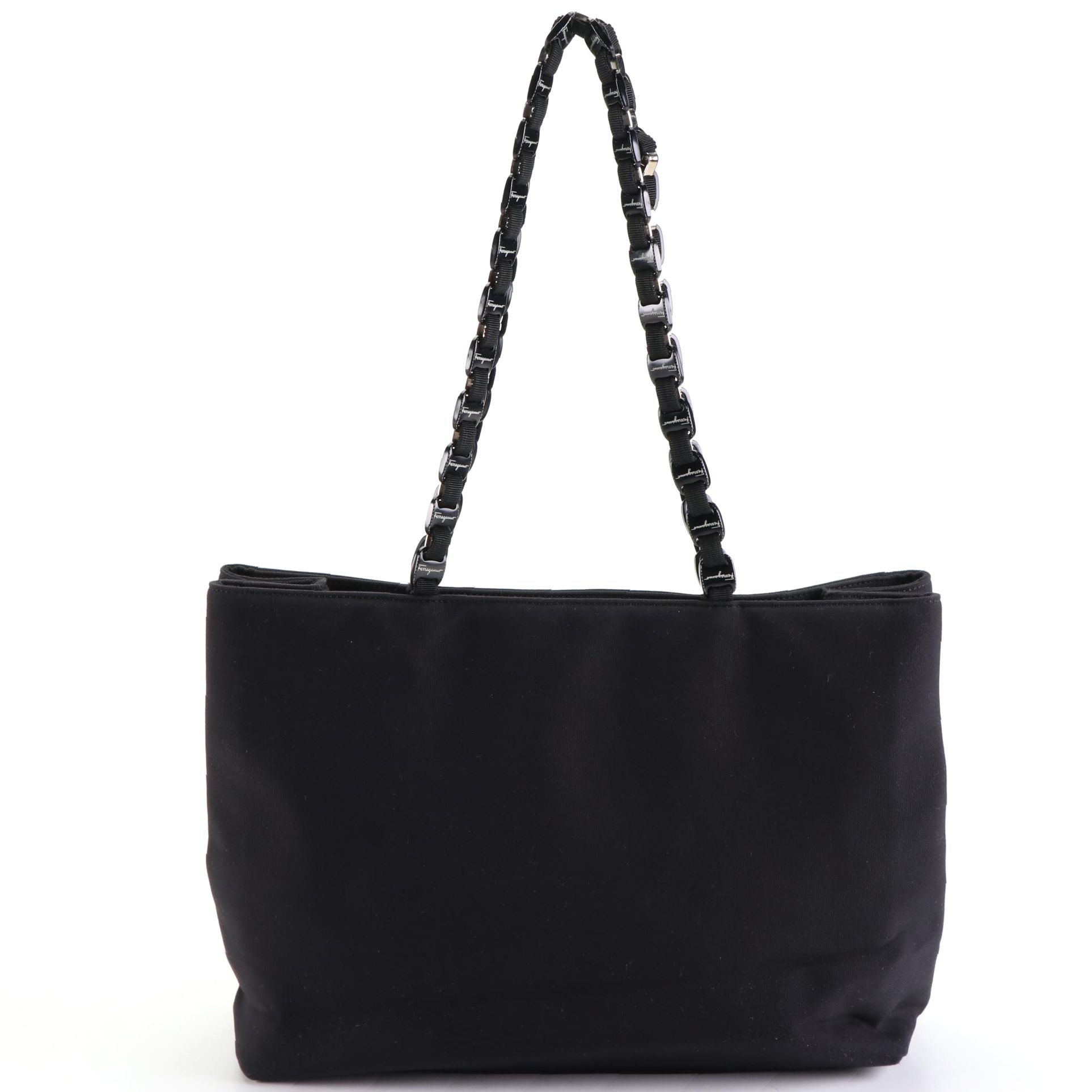 Salvatore Ferragamo Black Canvas Tote Bag with Vara Chain Straps