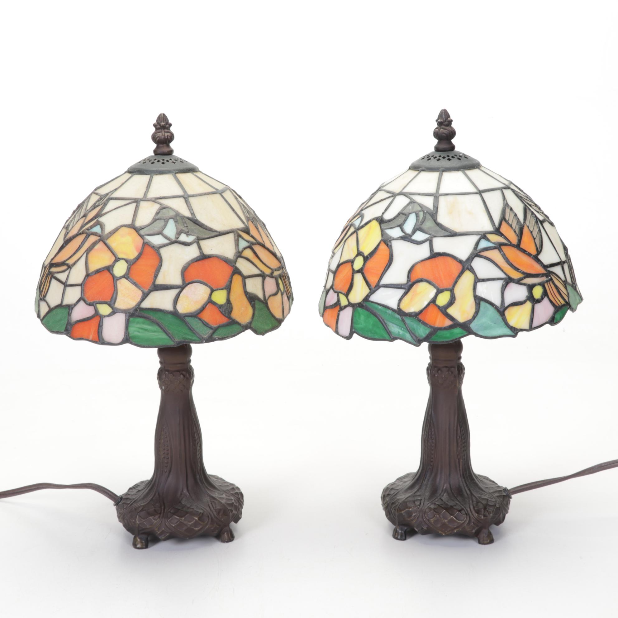 Pair of Hummingbird and Flowers Slag Glass and Metal Boudoir Lamps