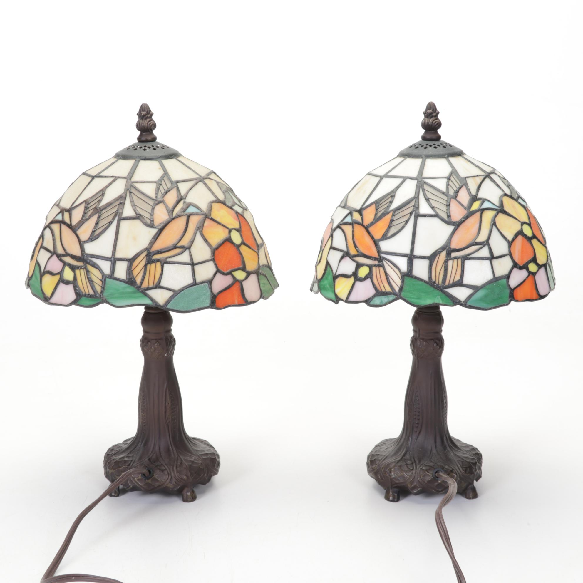 Pair of Hummingbird and Flowers Slag Glass and Metal Boudoir Lamps