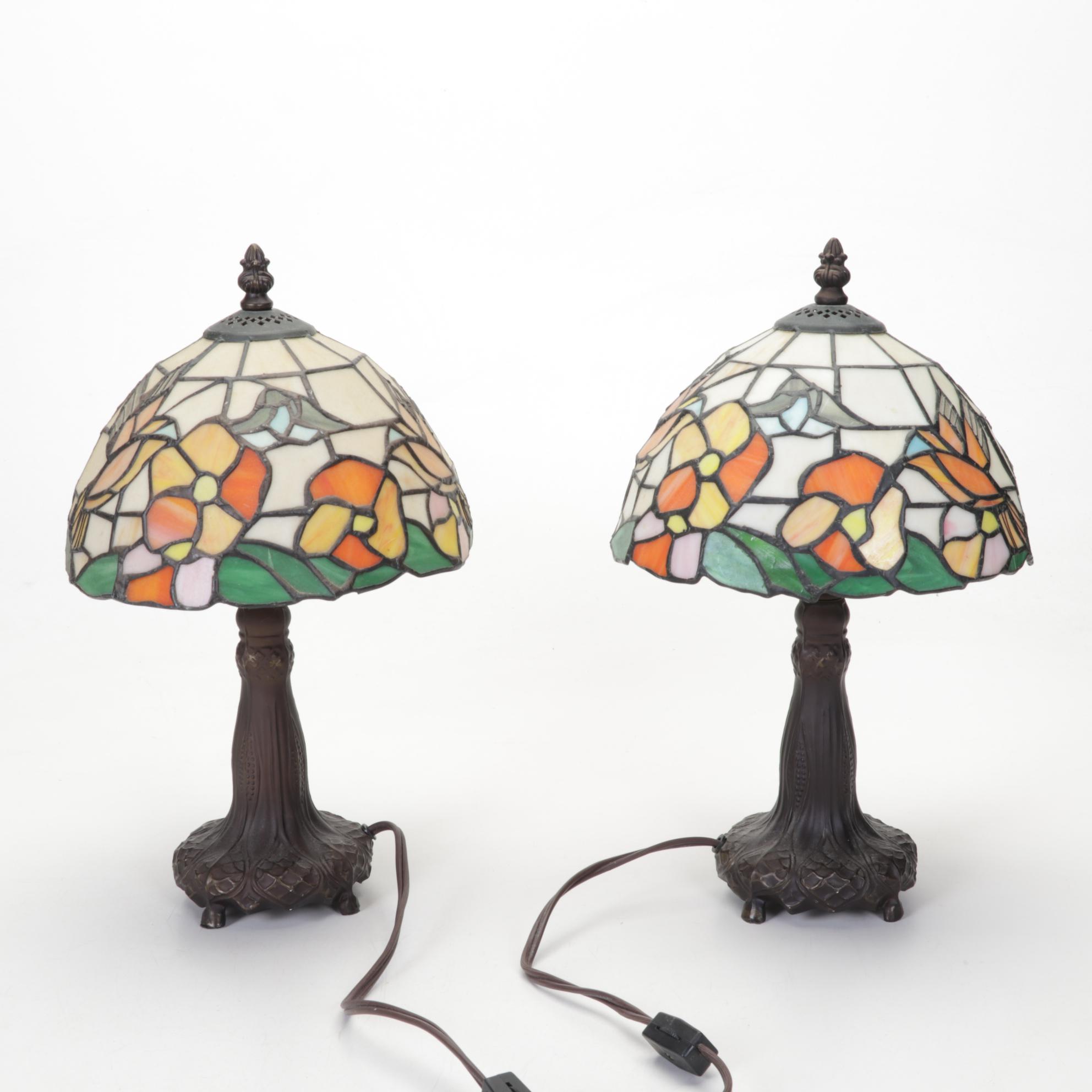 Pair of Hummingbird and Flowers Slag Glass and Metal Boudoir Lamps