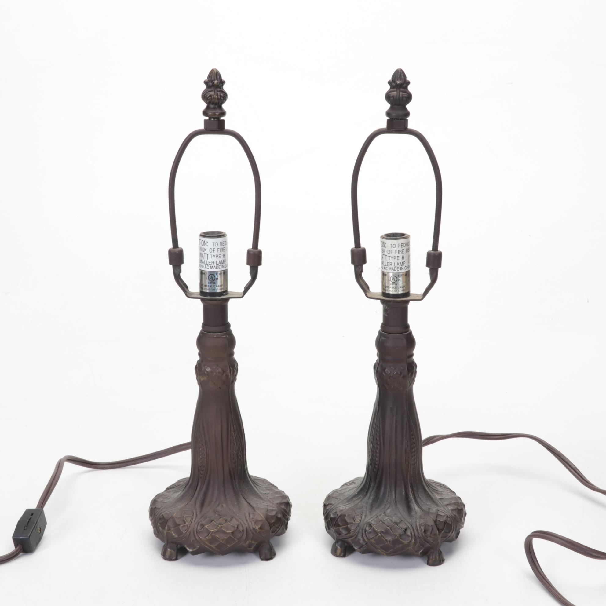 Pair of Hummingbird and Flowers Slag Glass and Metal Boudoir Lamps