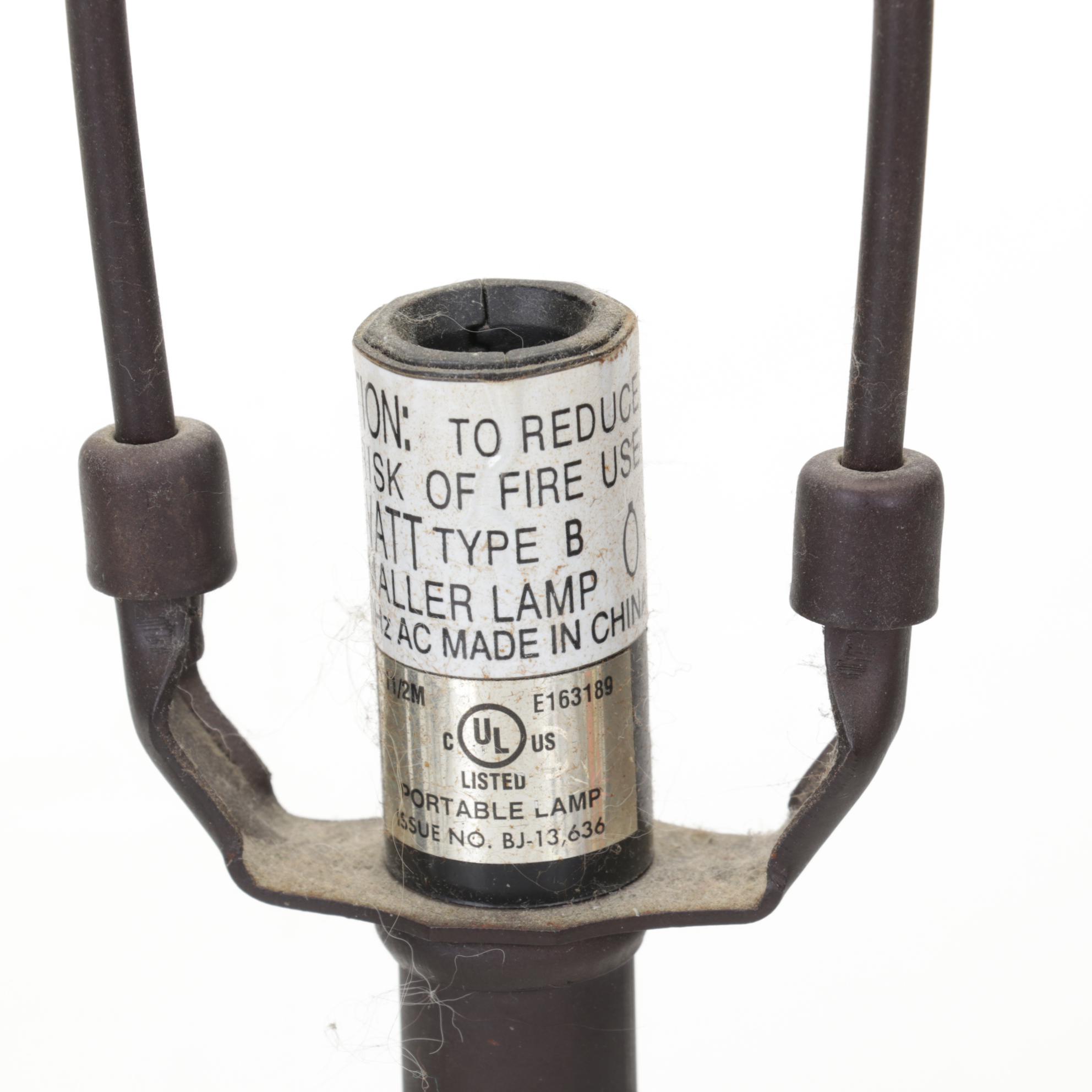 Pair of Hummingbird and Flowers Slag Glass and Metal Boudoir Lamps