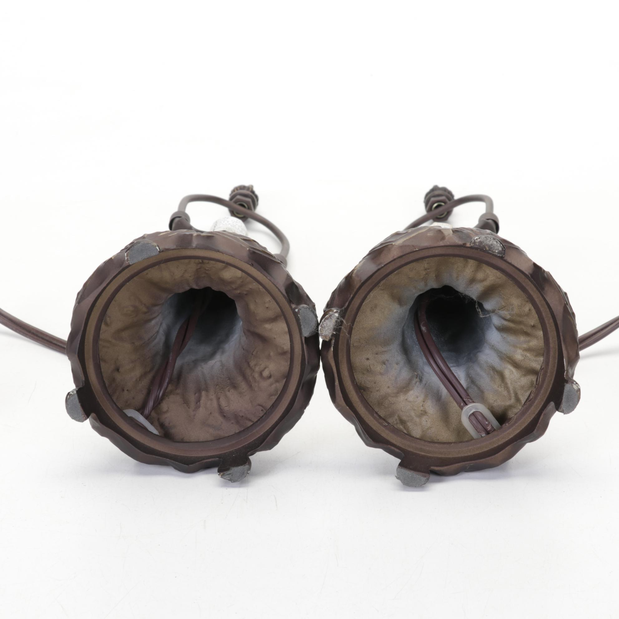 Pair of Hummingbird and Flowers Slag Glass and Metal Boudoir Lamps