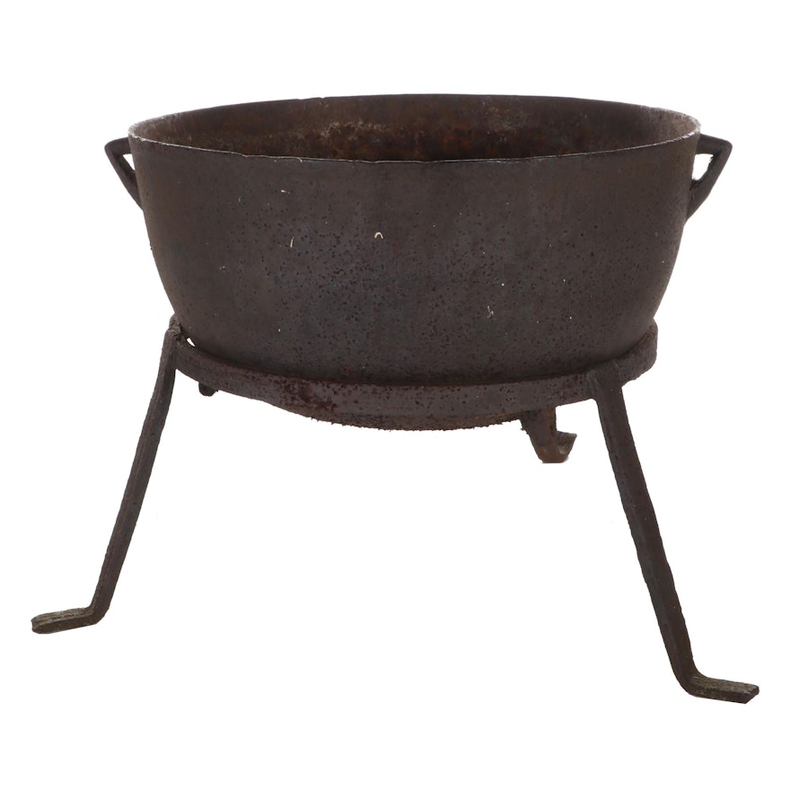 Cast Iron Cauldron with Wrought Iron Tripod Stand, Antique