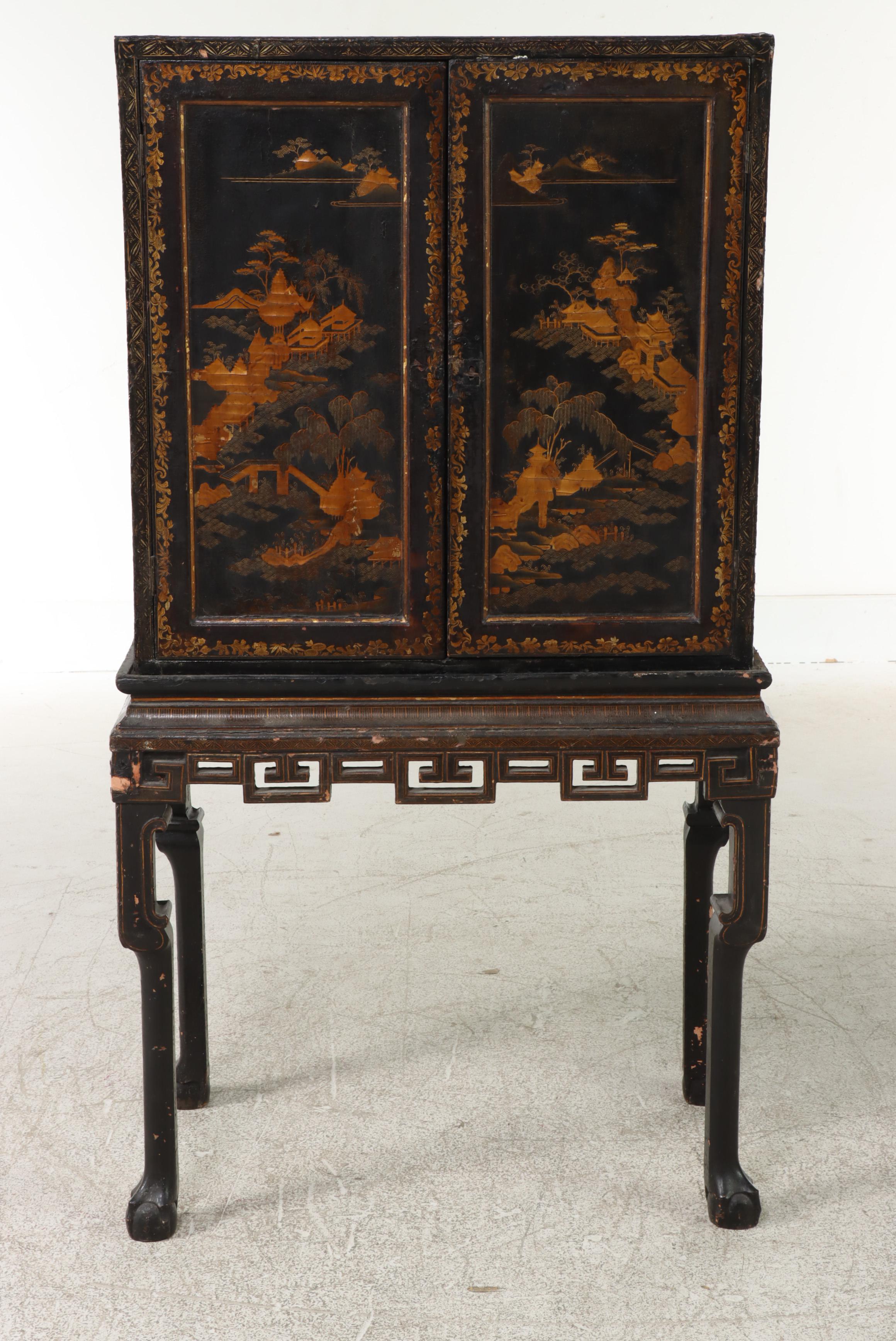 Japanese Lacquered and Gilt-Decorated Secretary Cabinet on Stand, 19th Century