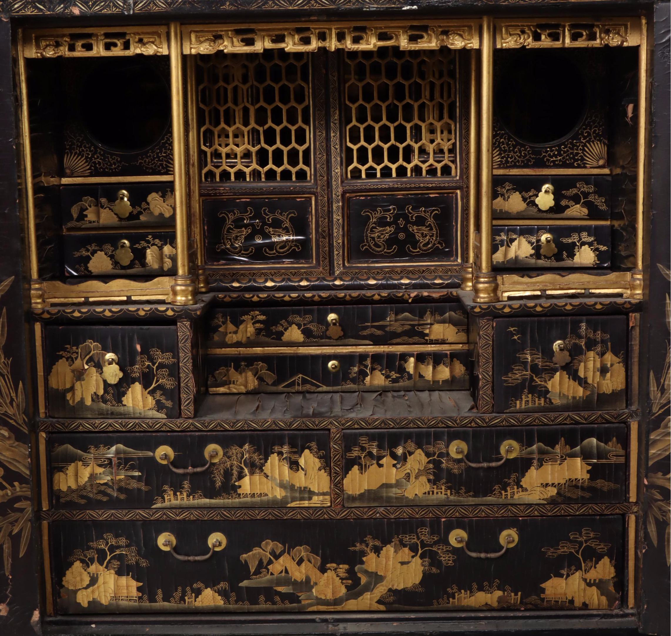 Japanese Lacquered and Gilt-Decorated Secretary Cabinet on Stand, 19th Century