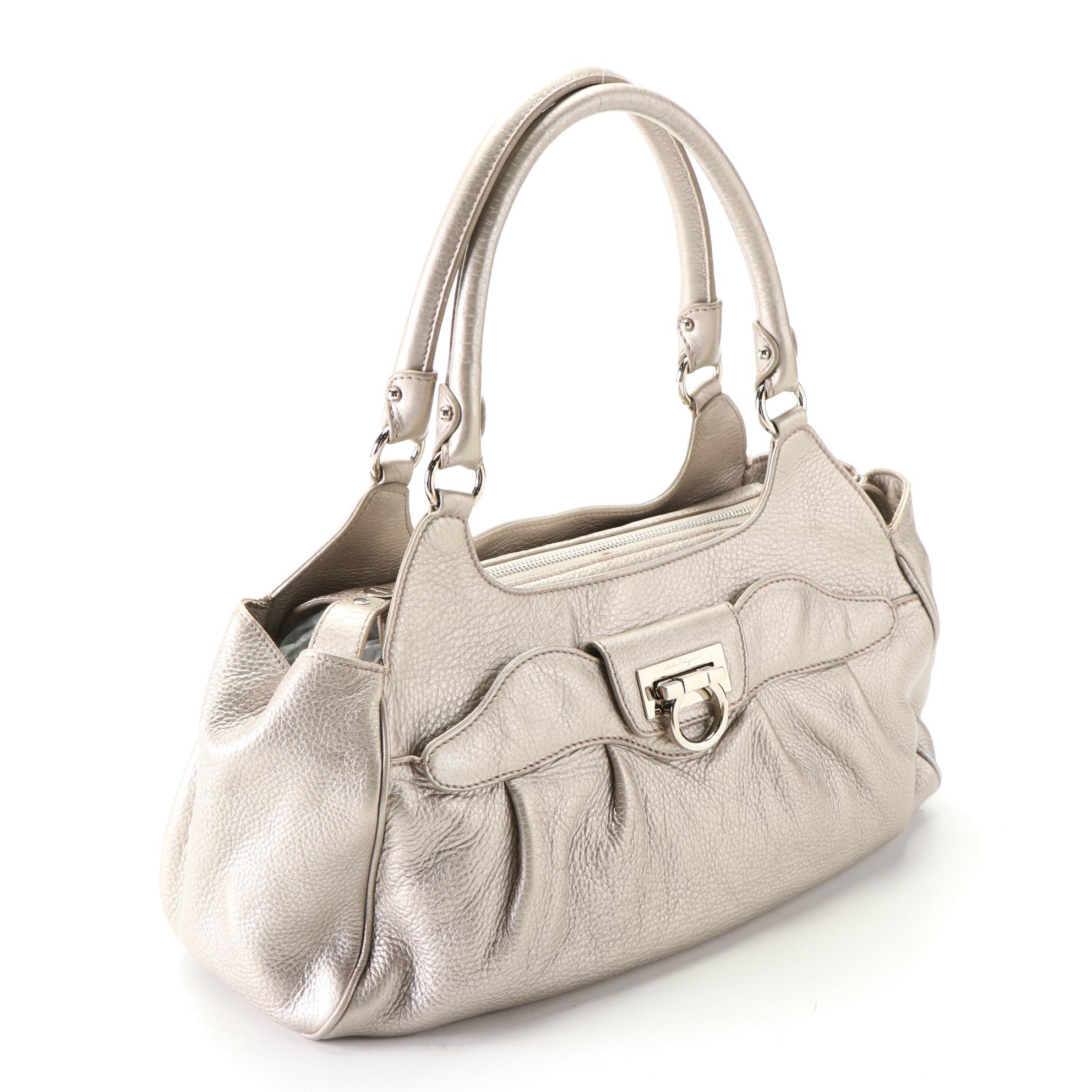 Salvatore Ferragamo Gancini Shoulder Bag in Metallic Grain Leather with Mirror