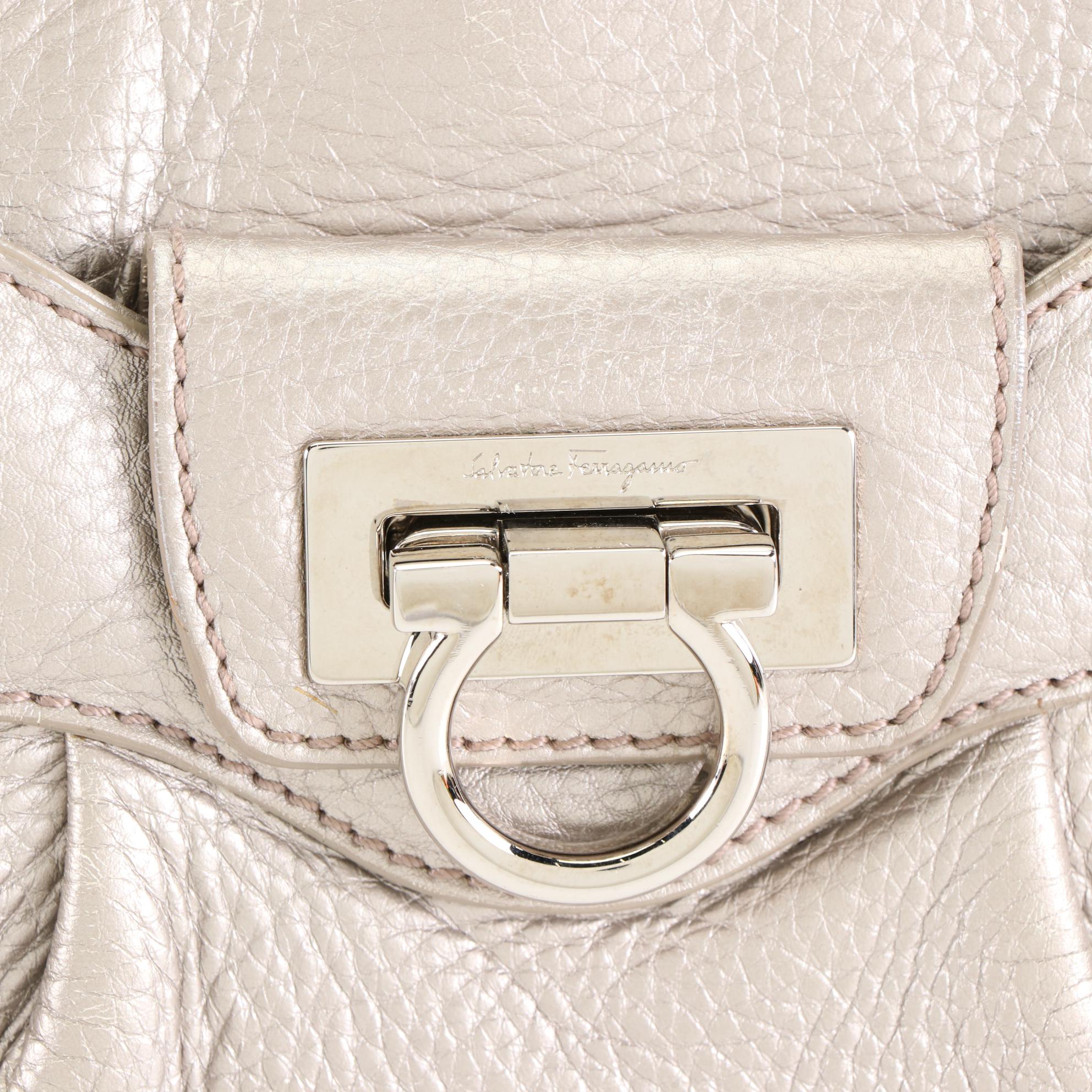 Salvatore Ferragamo Gancini Shoulder Bag in Metallic Grain Leather with Mirror