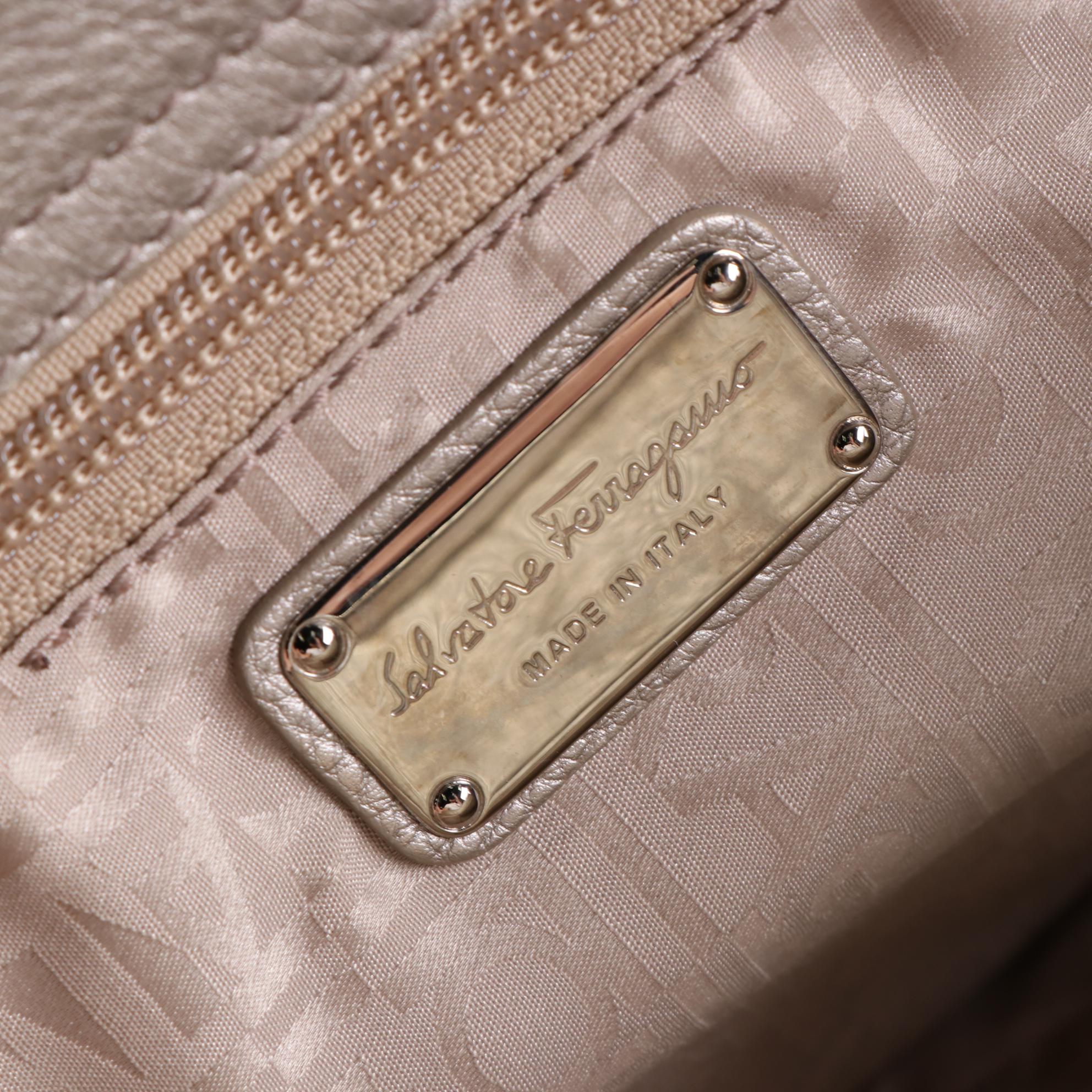 Salvatore Ferragamo Gancini Shoulder Bag in Metallic Grain Leather with Mirror