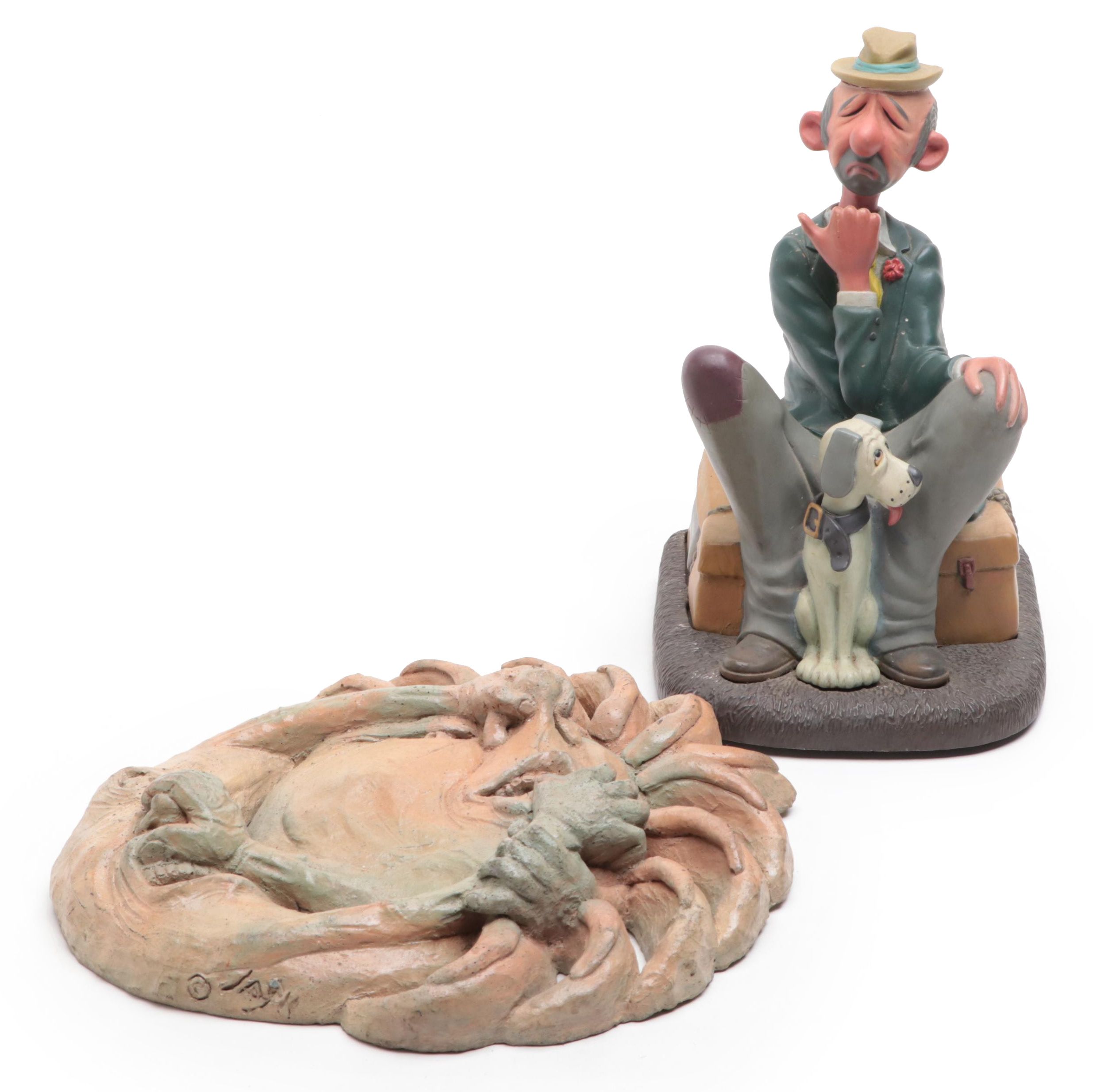 Artist Signed Earthenware Sun and Moon Wall Plaque with Enesco Electronic Figure