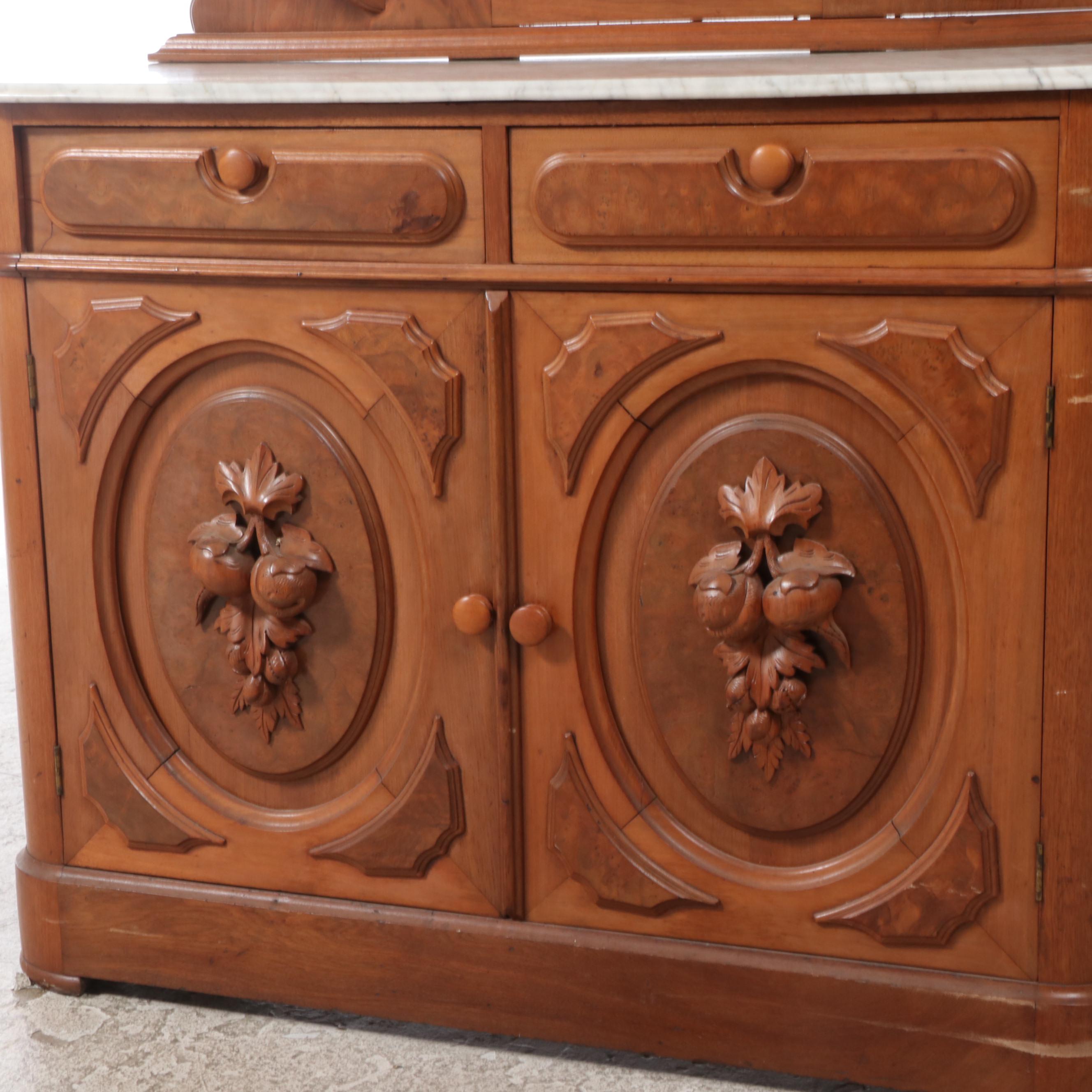 Victorian Walnut, Burl Walnut and Marble Dresser with Mirror, Mid-Late 19th C