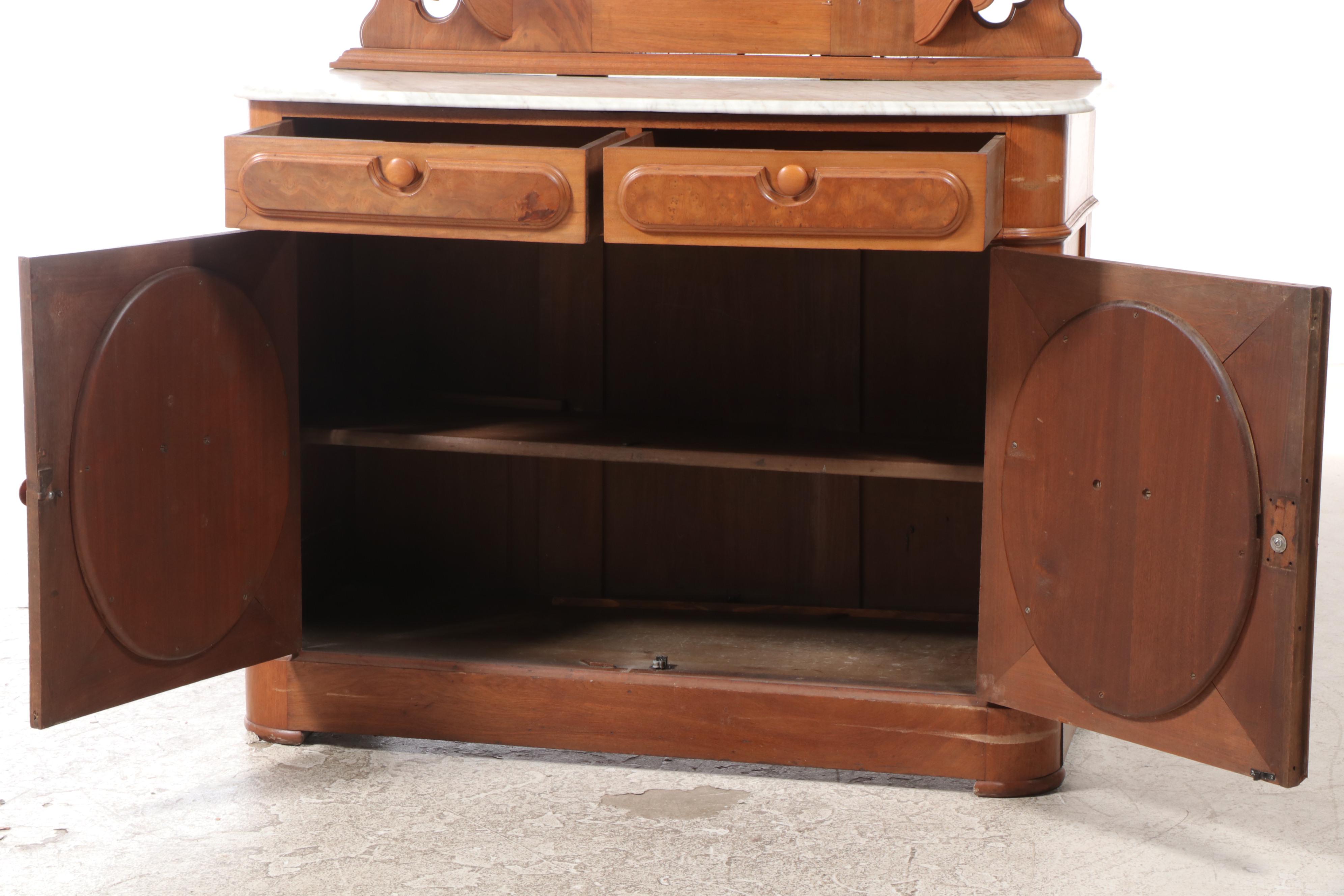 Victorian Walnut, Burl Walnut and Marble Dresser with Mirror, Mid-Late 19th C