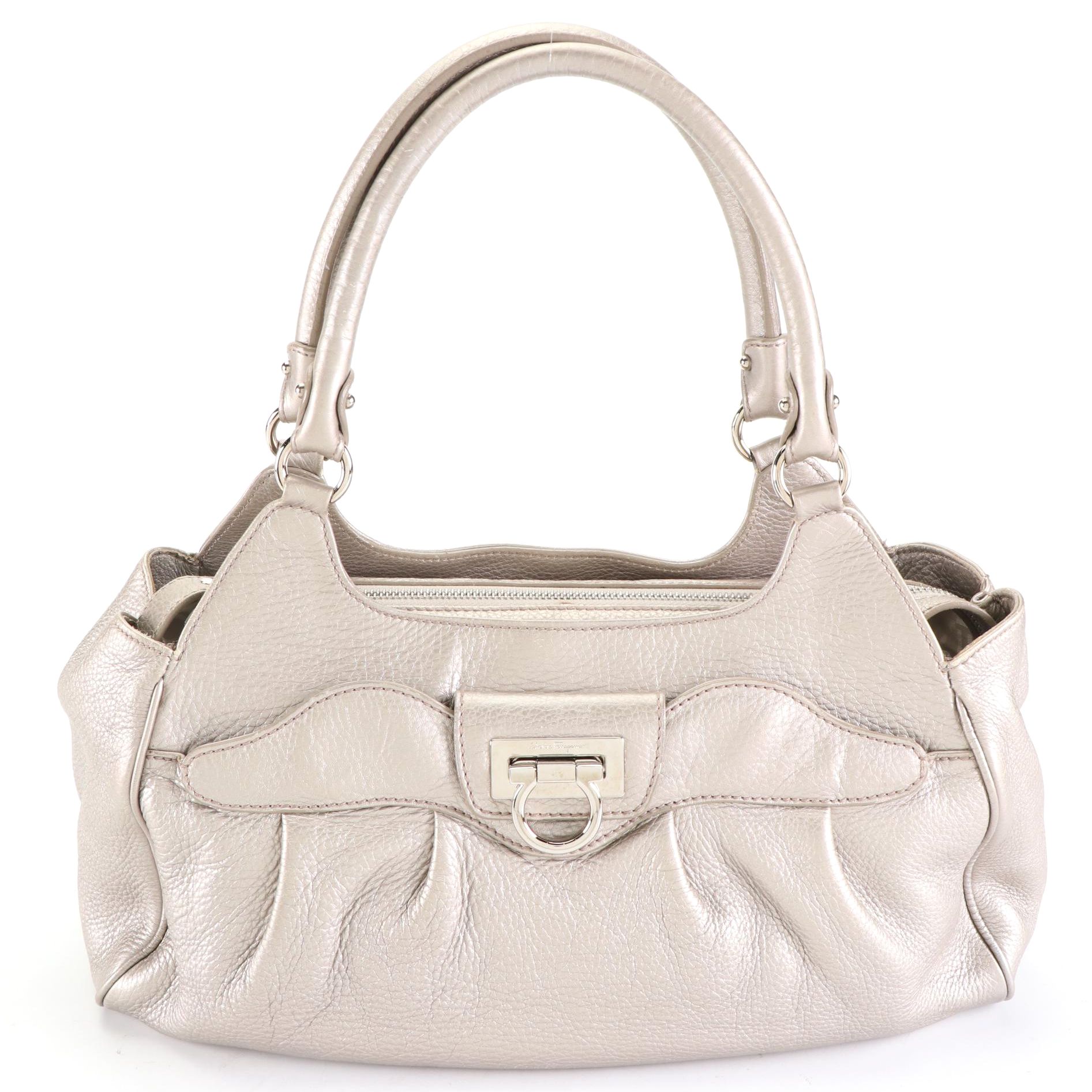 Salvatore Ferragamo Gancini Shoulder Bag in Metallic Grain Leather with Mirror