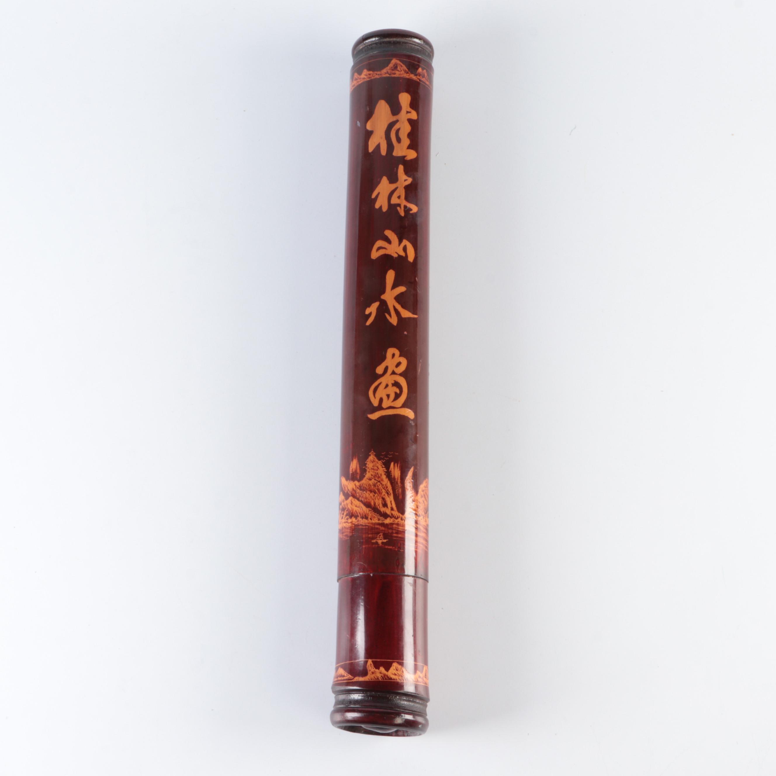 Ballard Designs Round Box, Paint Decorated Wall Shelf With Bamboo Tube Box