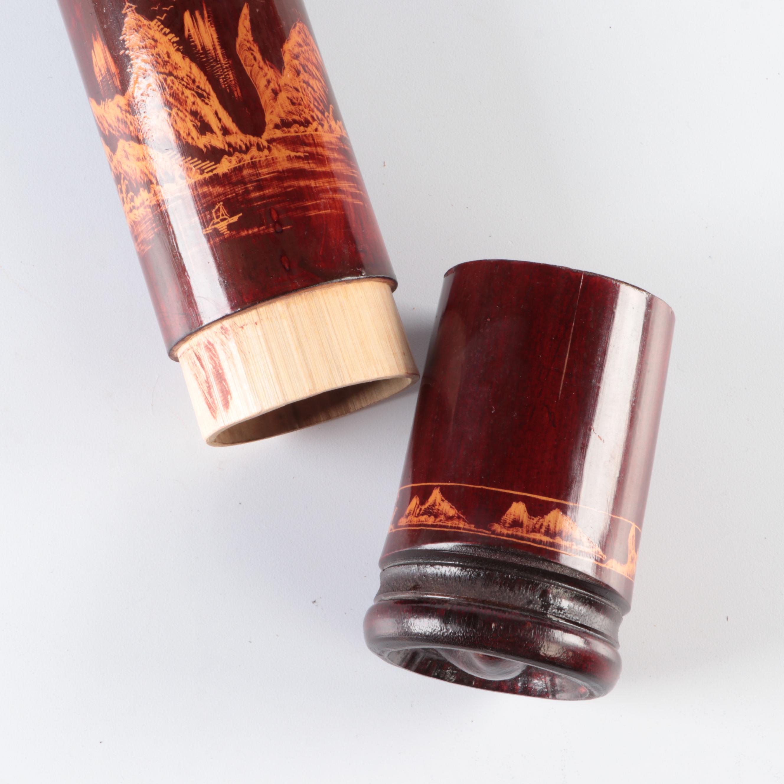 Ballard Designs Round Box, Paint Decorated Wall Shelf With Bamboo Tube Box