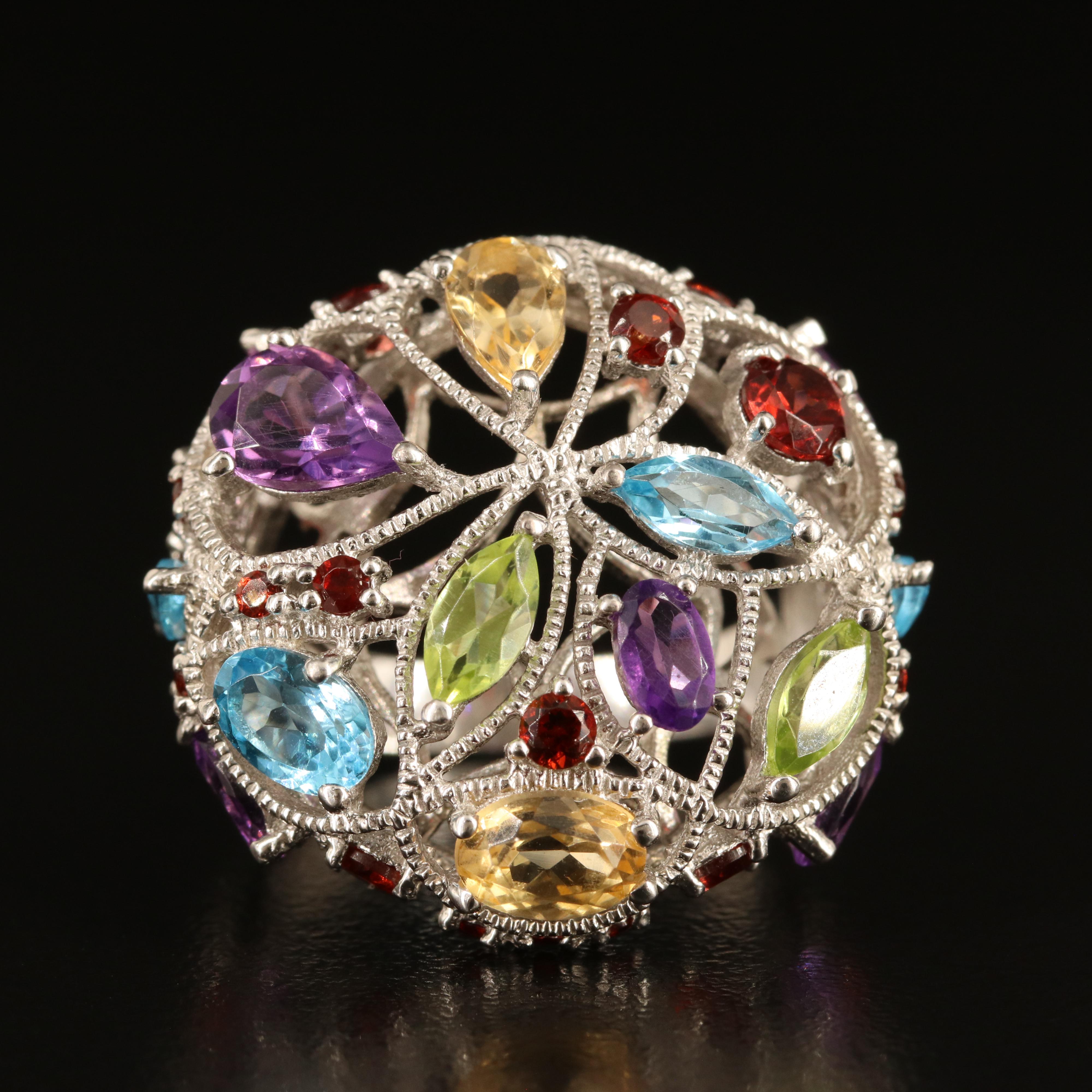 Sterling Amethyst and Gemstone Cluster Ring