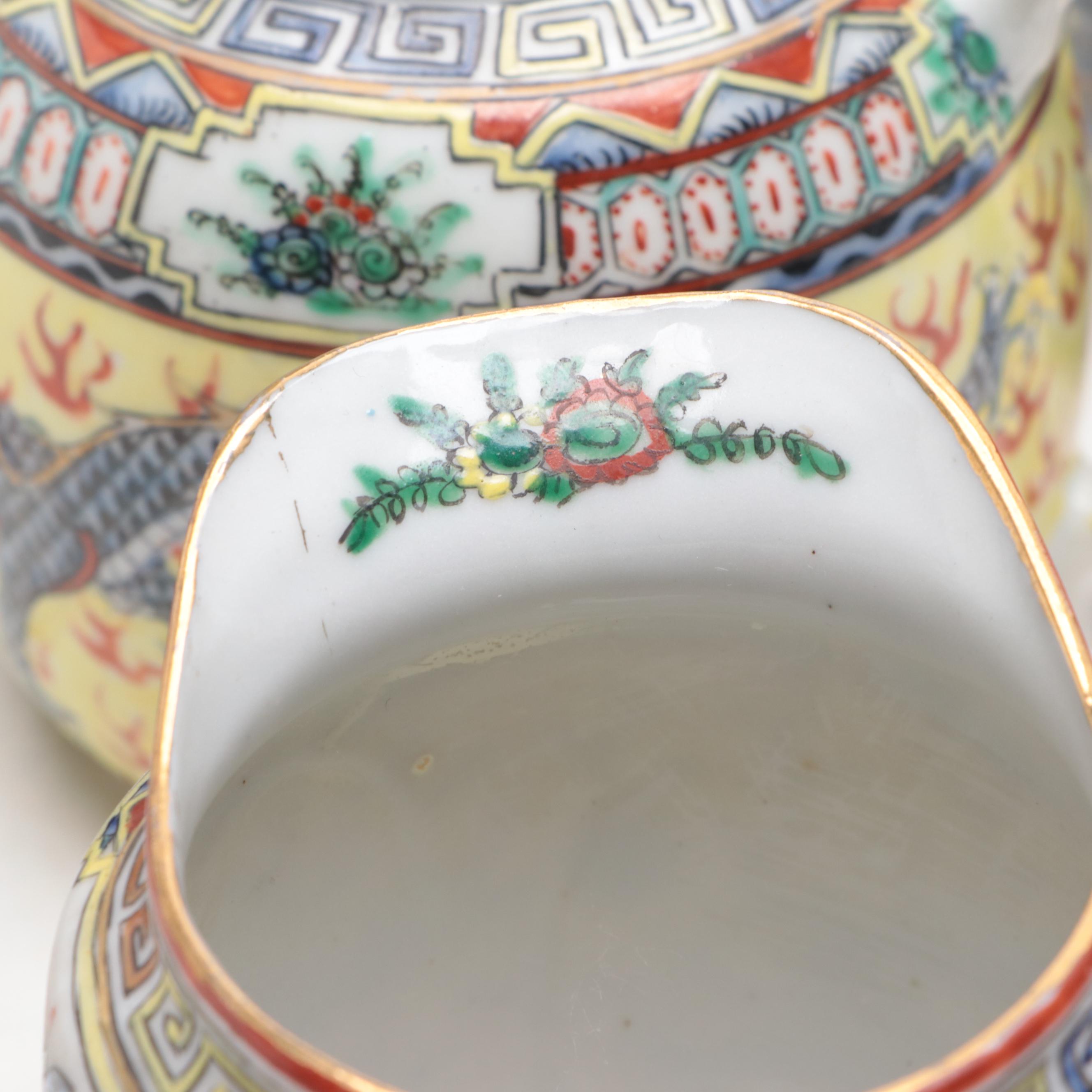 Chinese Famille Jaune Dragon Chasing Pearl Porcelain Tea and Dessert Set
