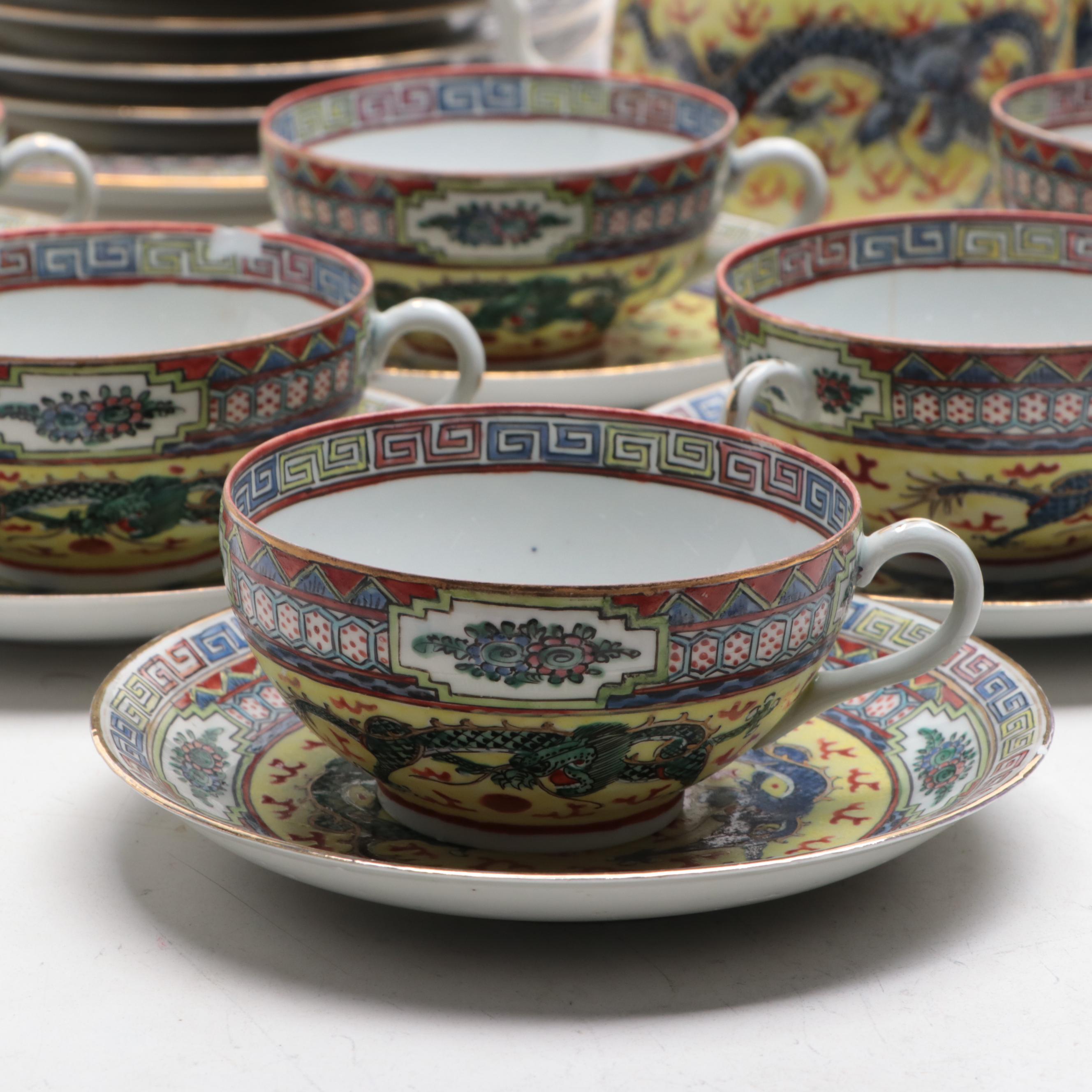 Chinese Famille Jaune Dragon Chasing Pearl Porcelain Tea and Dessert Set